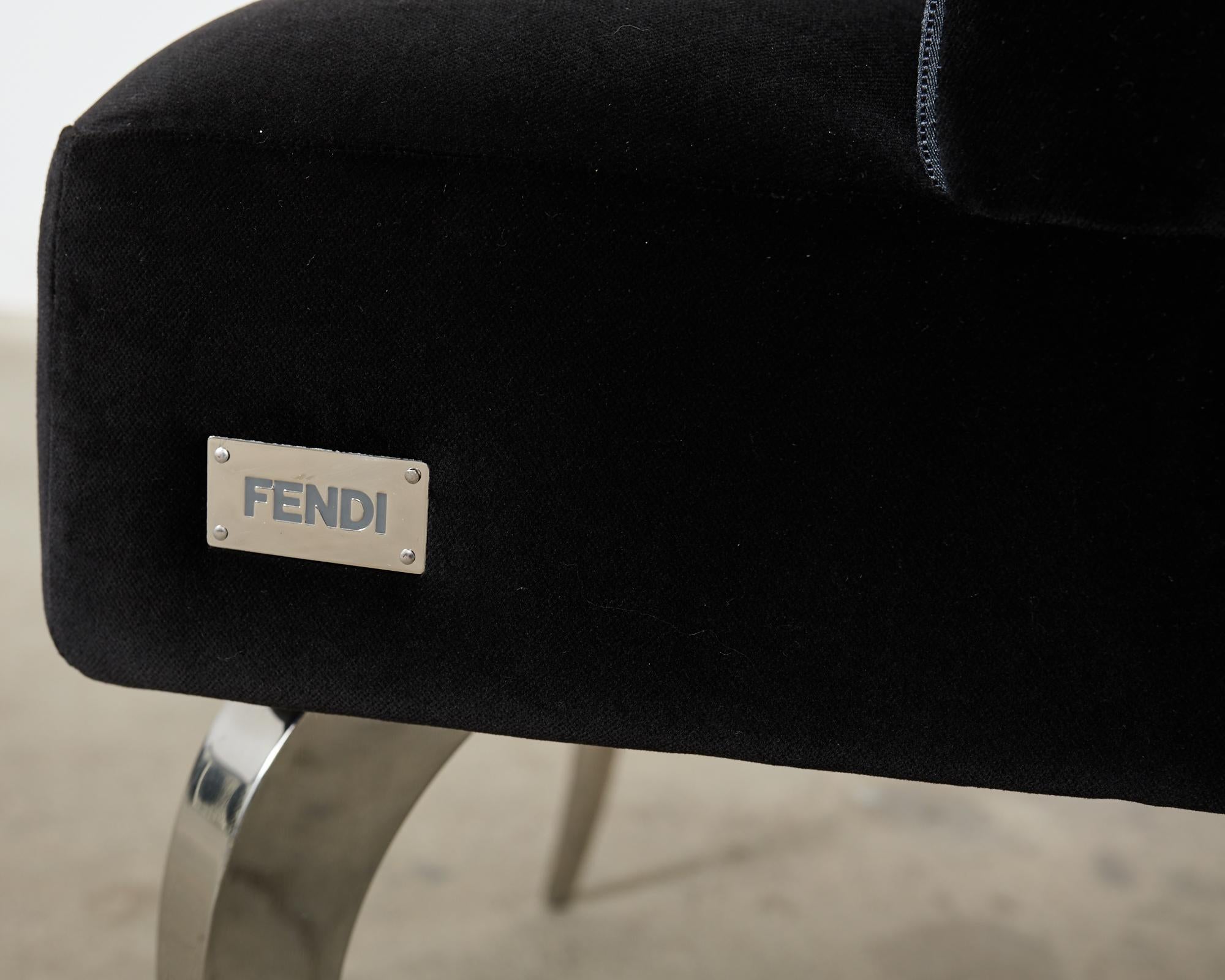Steel Pair of Fendi Casa Velvet Chrome Tulip Chairs For Sale