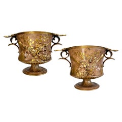Vintage Pair of Ferdinand Barbedienne Low Handled Bronze Borghese Urns 