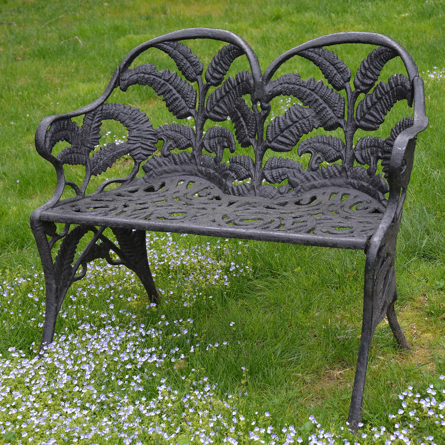 American Pair of Black Fern Cast Iron Benches