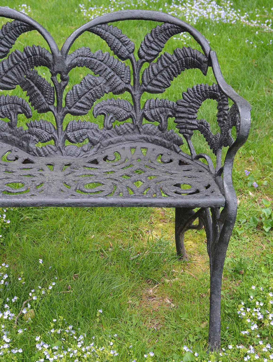 Early 20th Century Pair of Black Fern Cast Iron Benches