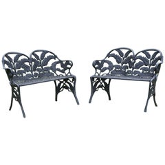 Antique Pair of Black Fern Cast Iron Benches