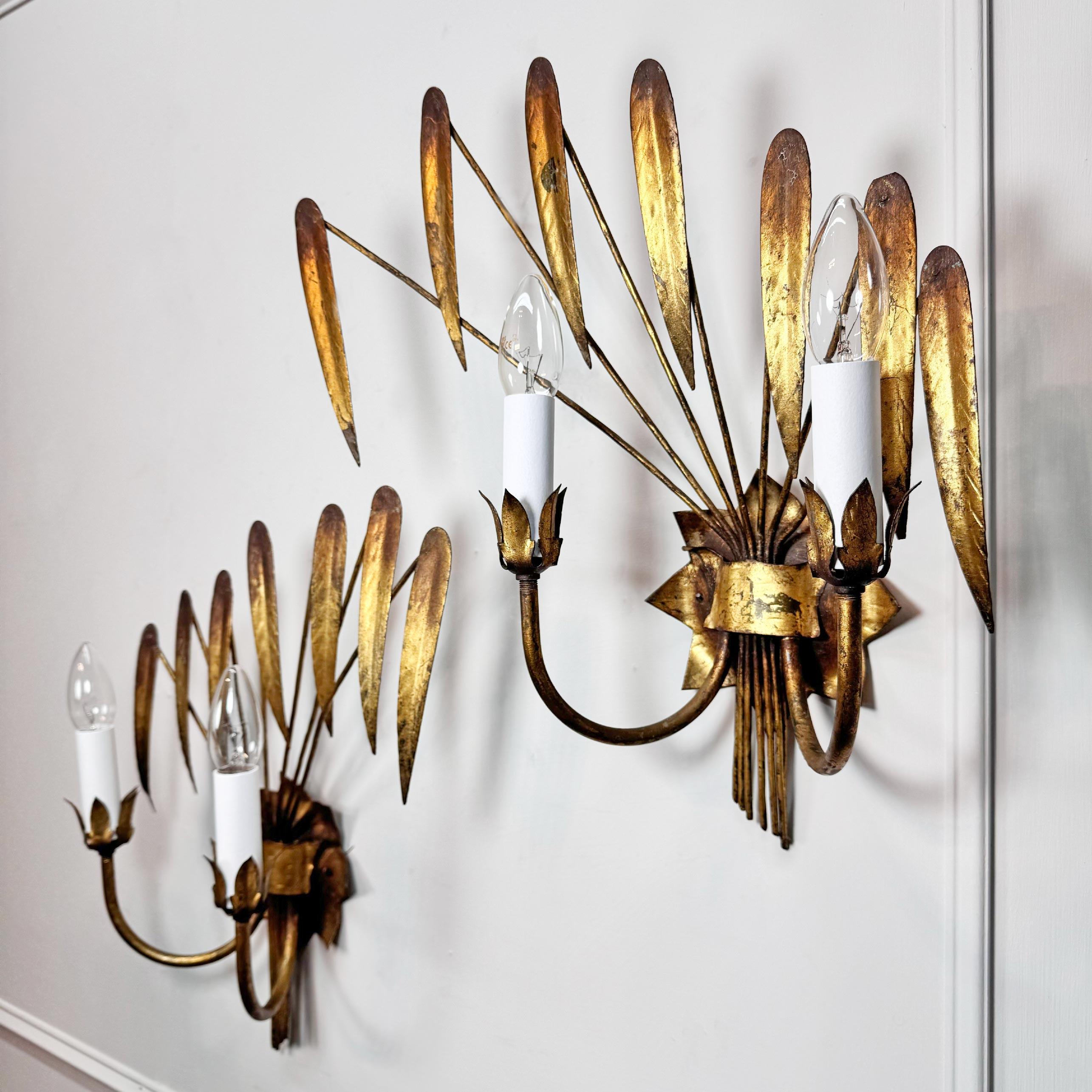 Pair of Ferro Art Gold Leaf Wall Lights For Sale 2