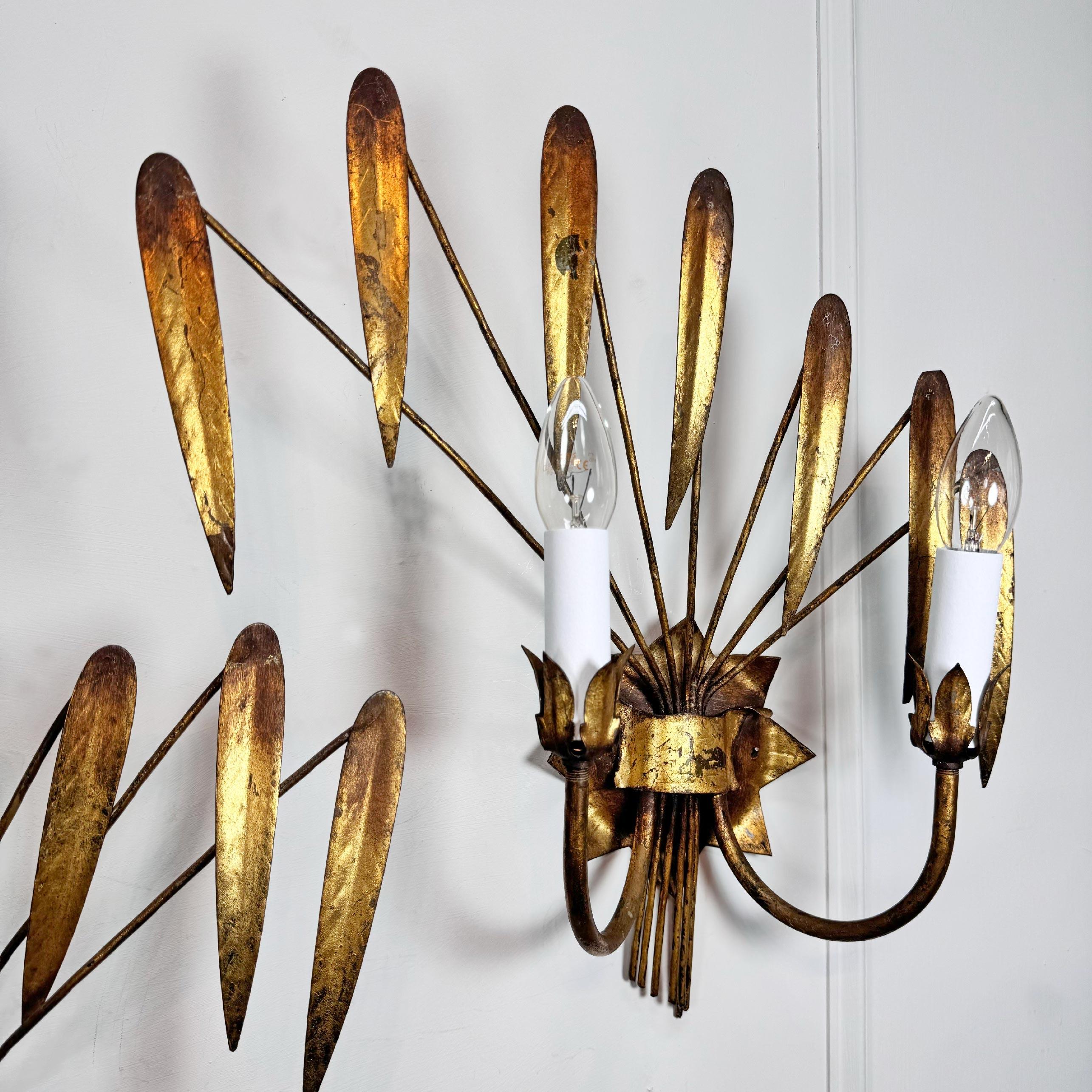 Aesthetic Movement Pair of Ferro Art Gold Leaf Wall Lights For Sale