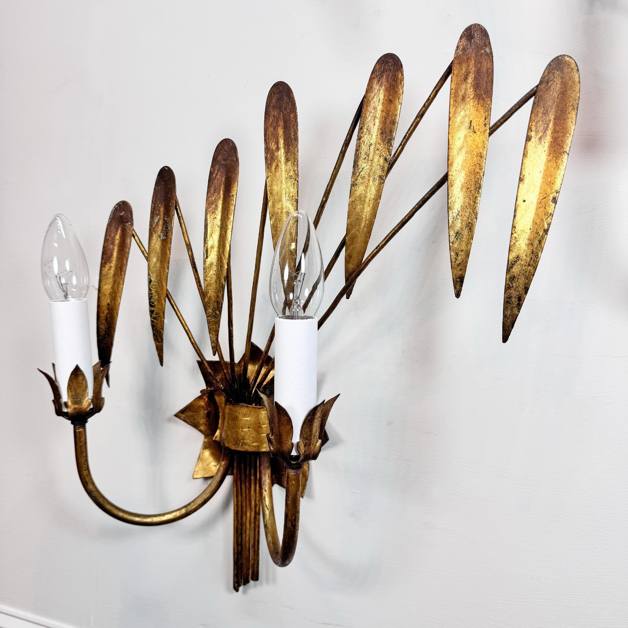 Spanish Pair of Ferro Art Gold Leaf Wall Lights For Sale