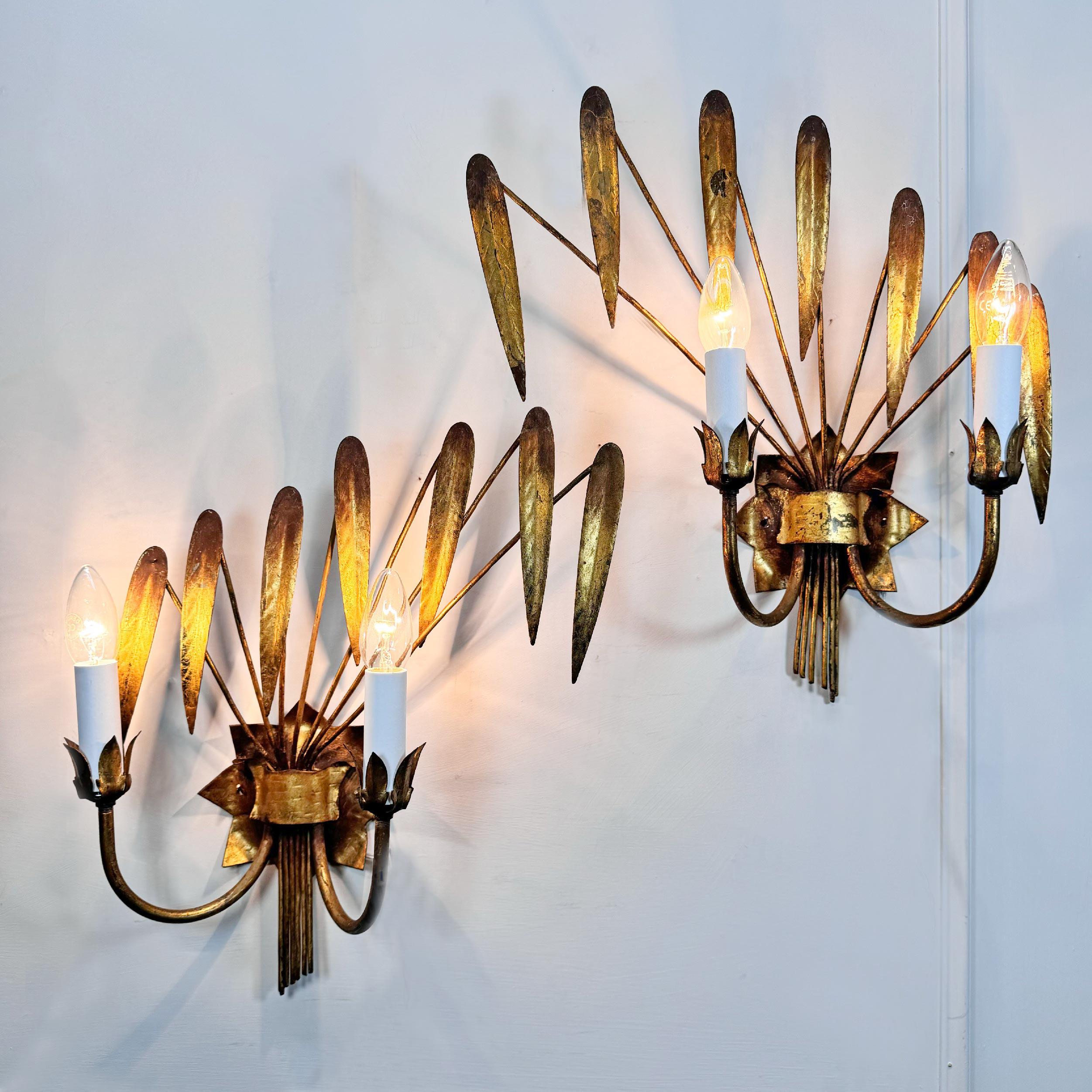 Gilt Pair of Ferro Art Gold Leaf Wall Lights For Sale