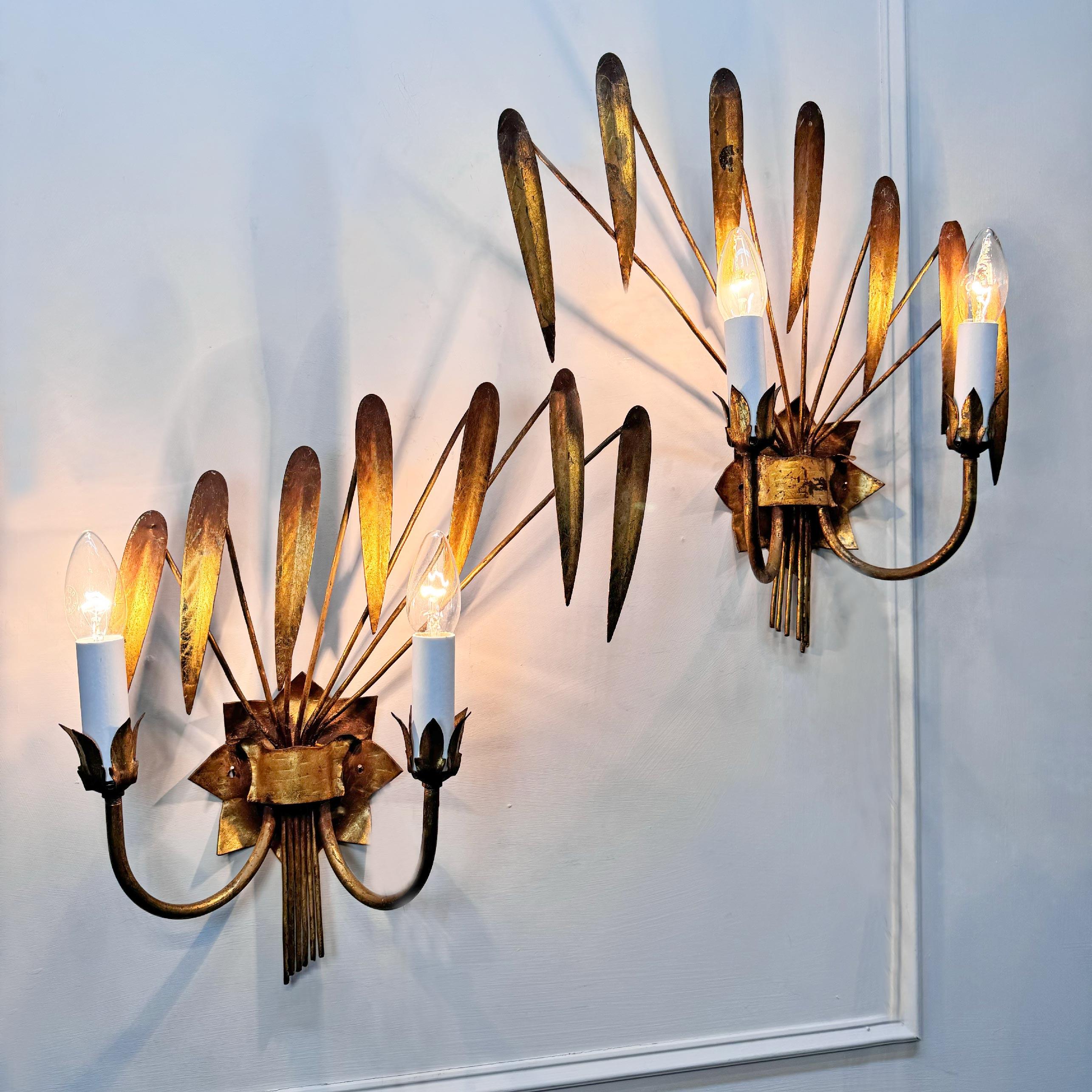 Pair of Ferro Art Gold Leaf Wall Lights In Good Condition For Sale In Hastings, GB