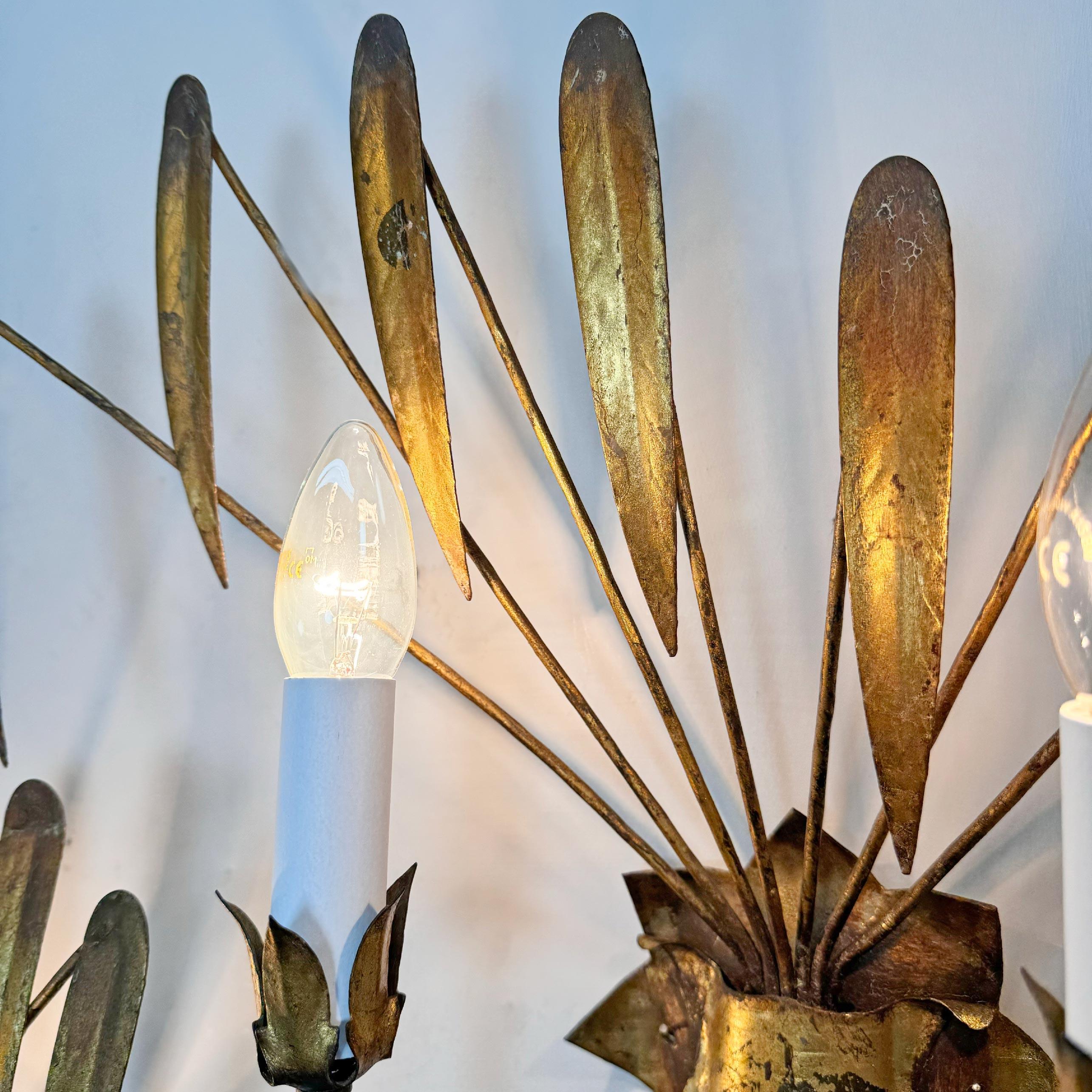 Mid-20th Century Pair of Ferro Art Gold Leaf Wall Lights For Sale