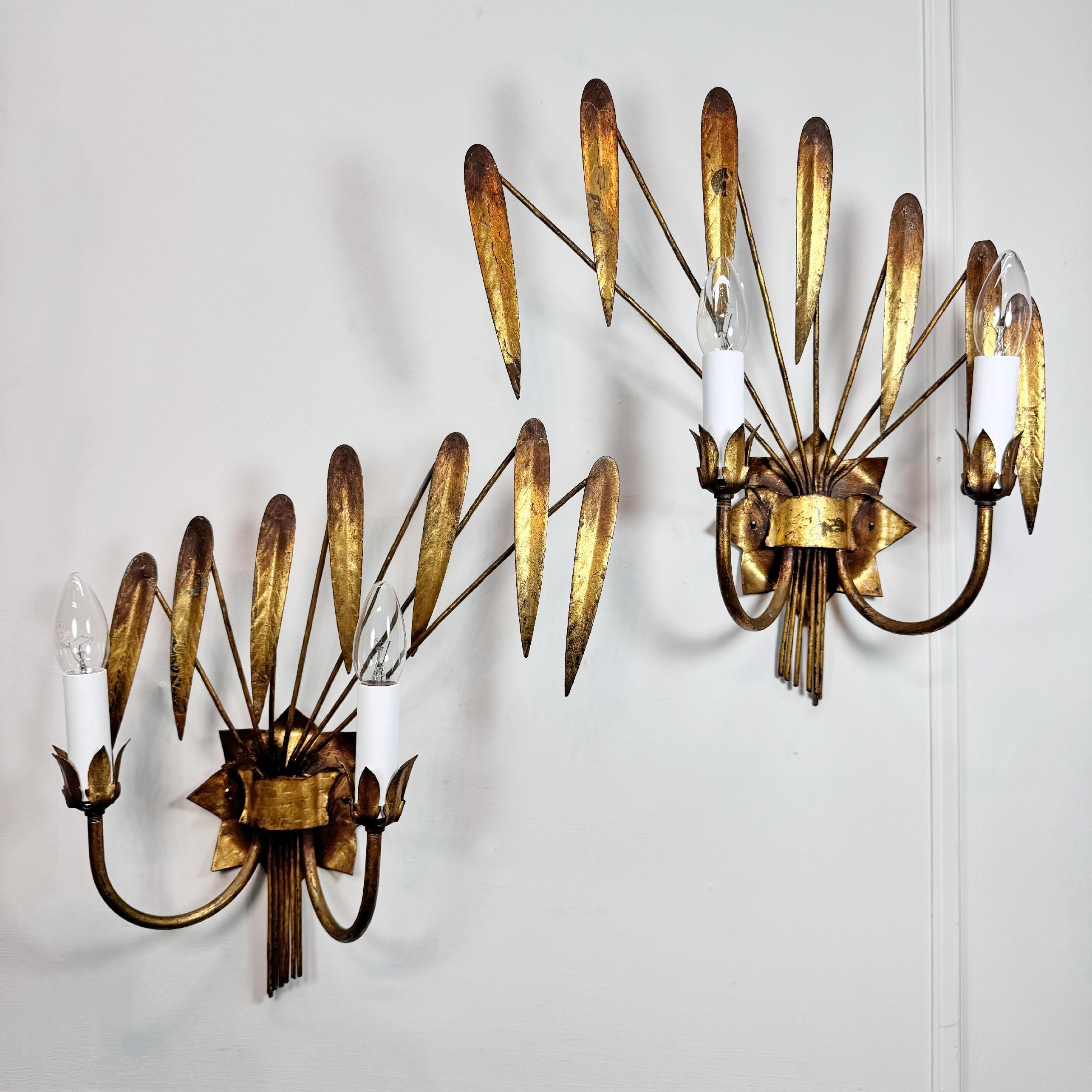 Iron Pair of Ferro Art Gold Leaf Wall Lights For Sale