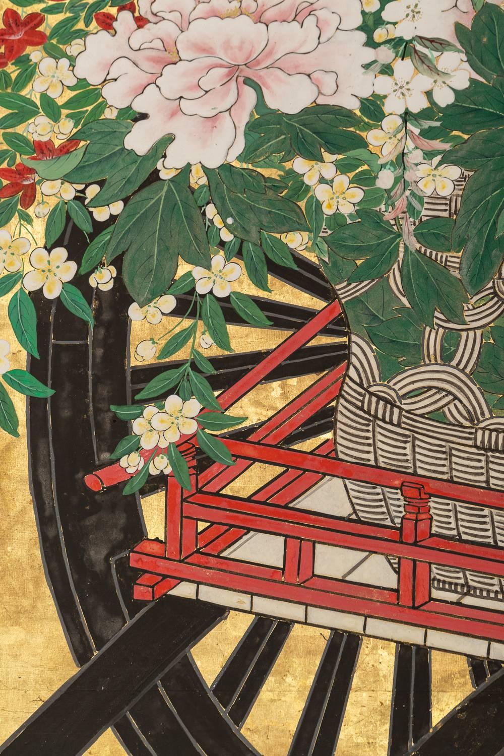 19th Century Japanese Six Panel Screens: Pair of Festival Carts For Sale