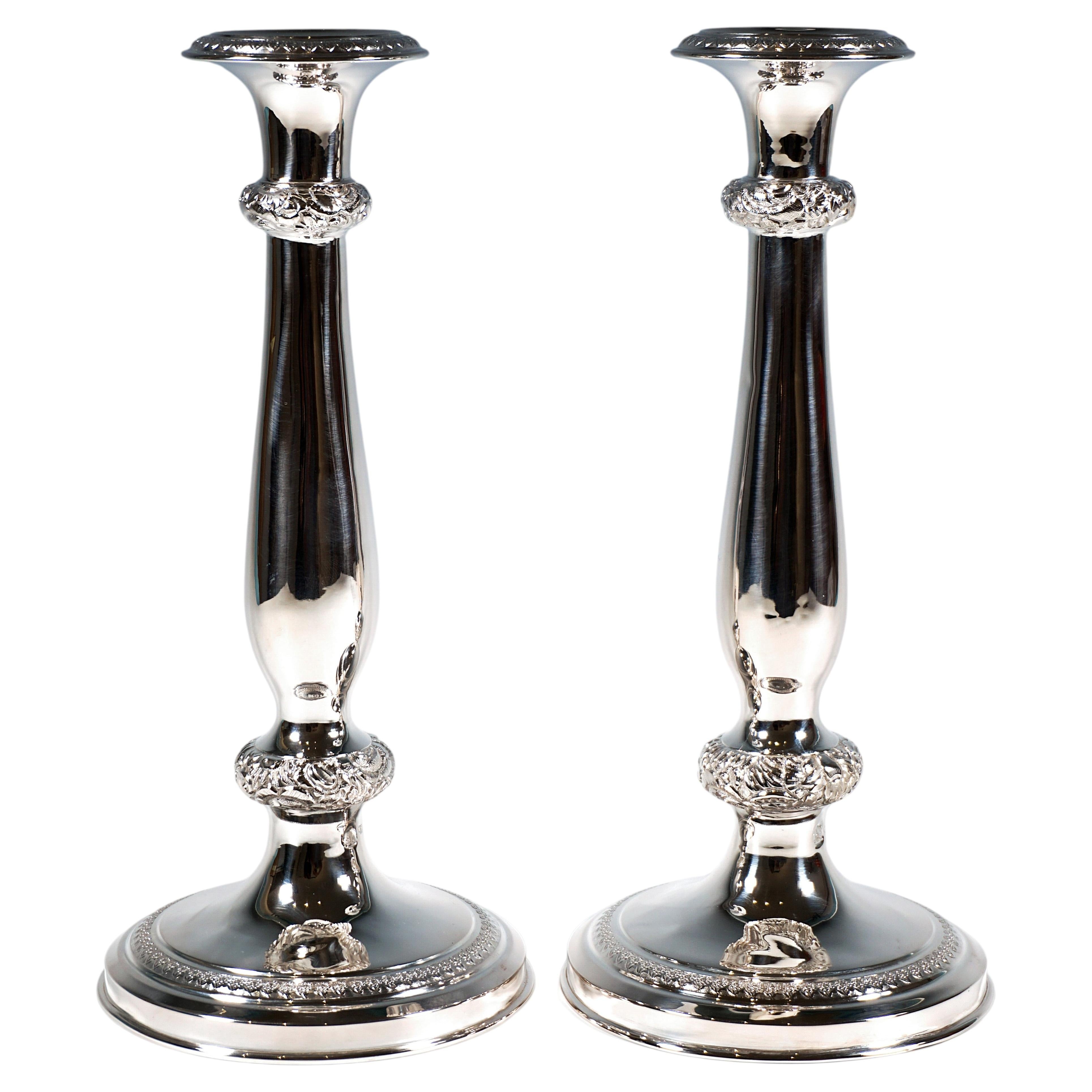Pair Of Festive Antique Vienna Biedermeier Silver Candle Holders, dated 1840