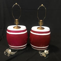 Pair of Festive British Ceramic Spirit Barrel Lamps