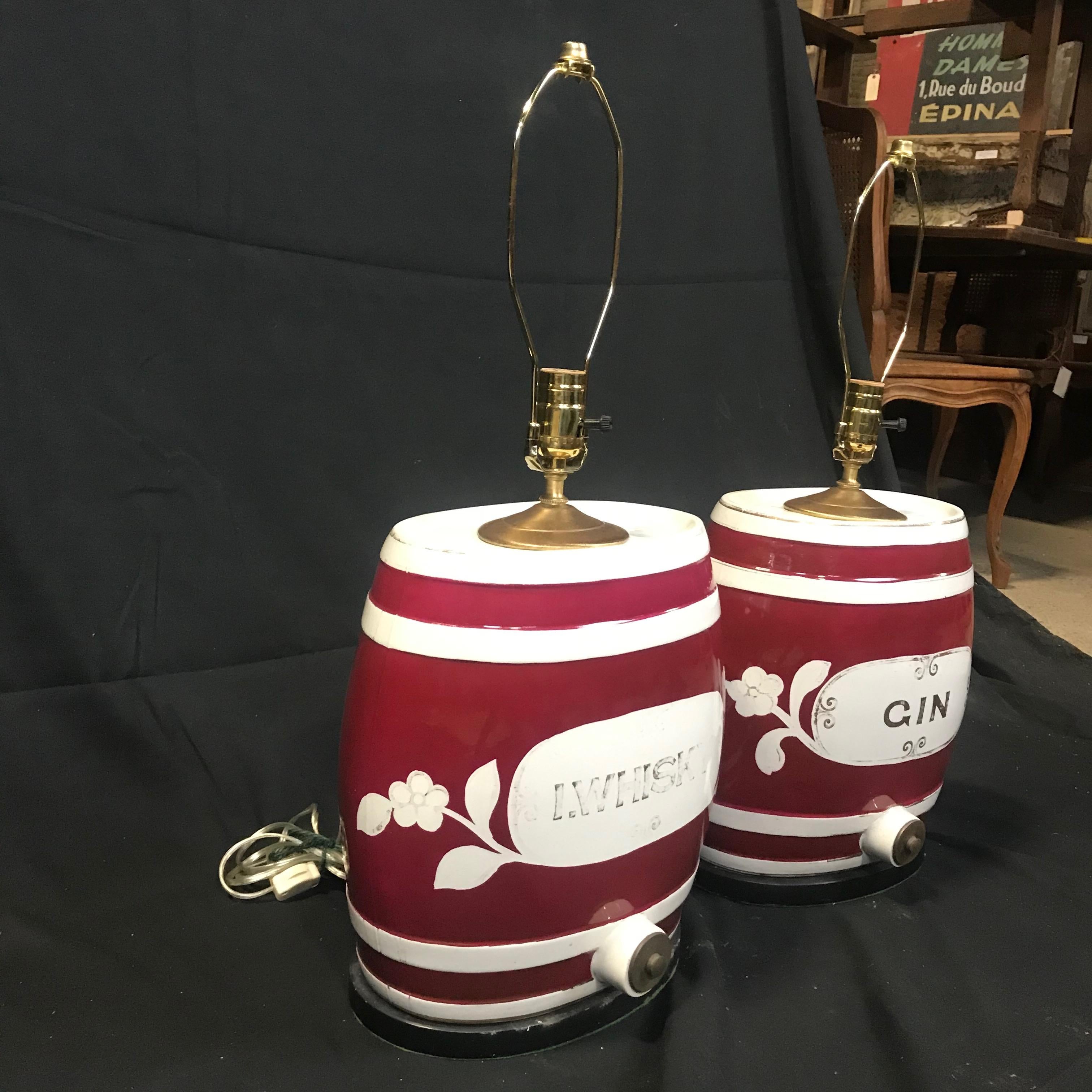 Early 20th Century Pair of Festive British Ceramic Spirit Barrel Lamps