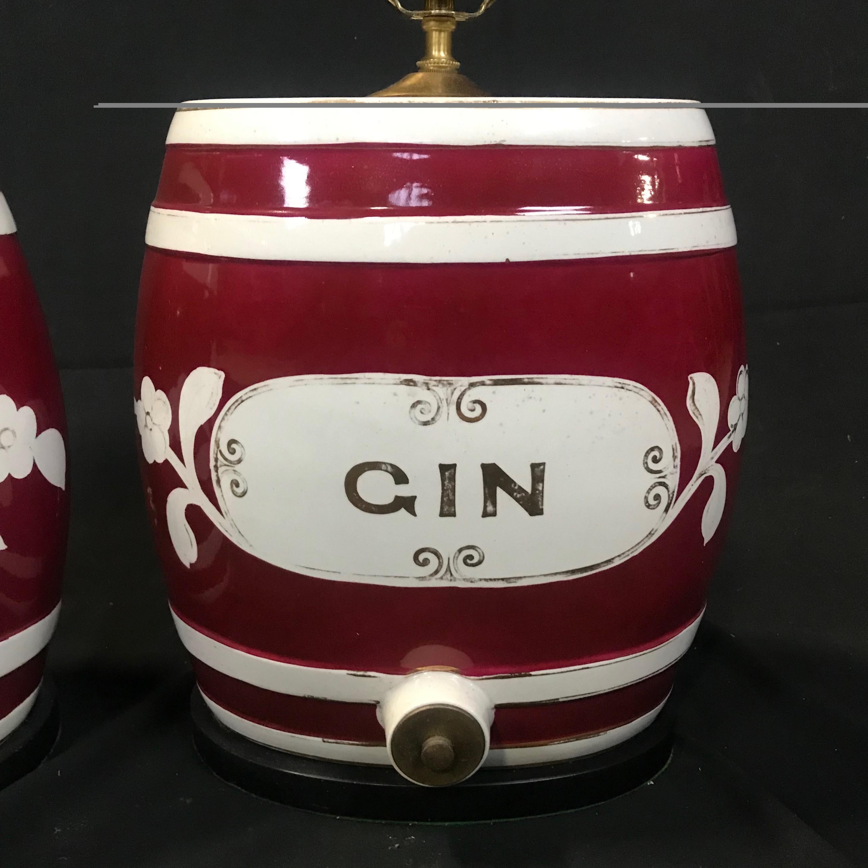 Pair of Festive British Ceramic Spirit Barrel Lamps 1