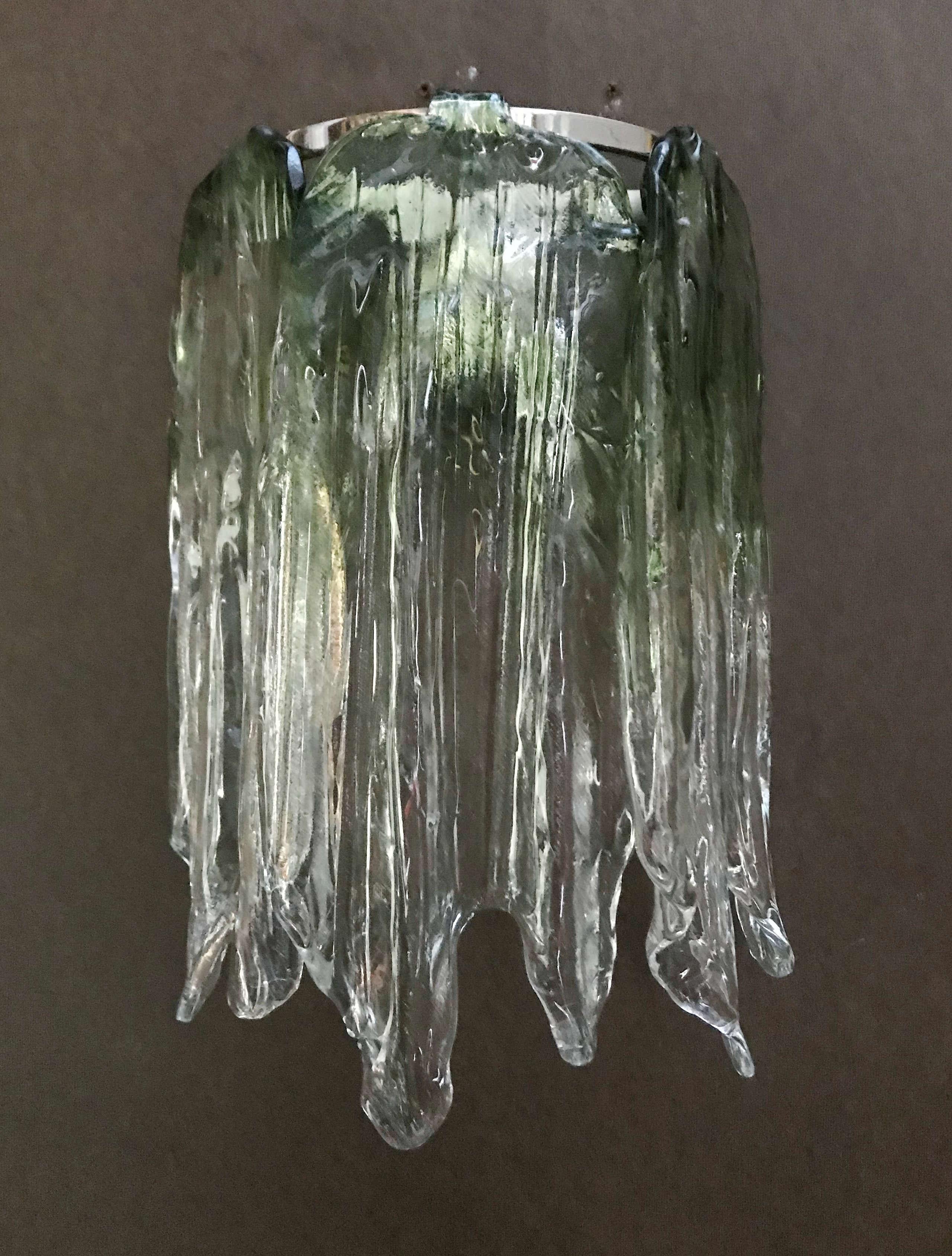 Italian wall lights with original vintage green and clear fiamme glasses by Mazzega from 1960s, mounted on newly made chrome frames / Made in Italy
Measures: height 14 inches, width 10 inches, depth 6 inches
2 lights / E12 type / max 40W each
Order