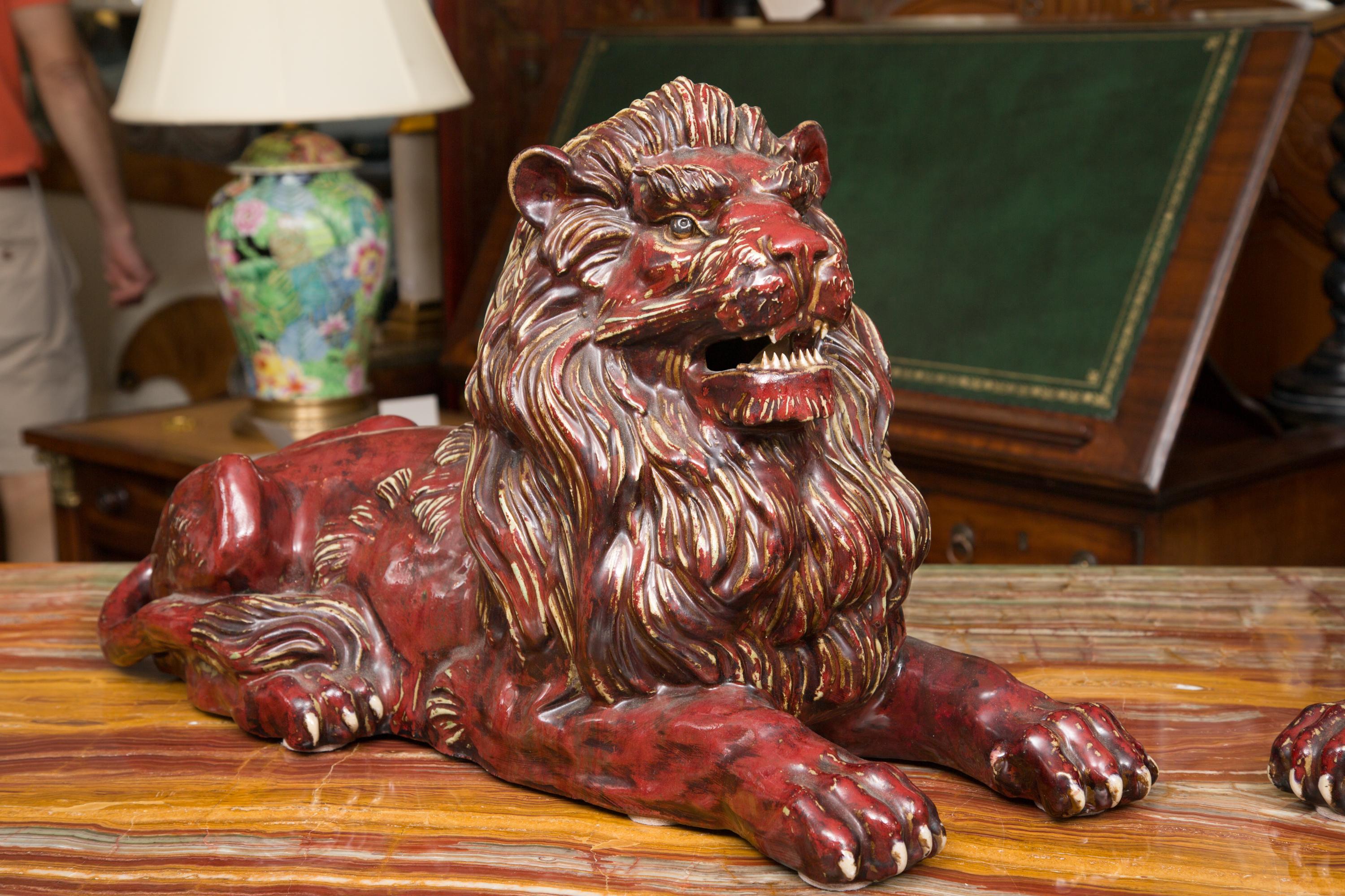 Pair of Fiance Glazed Recumbent Lions 2