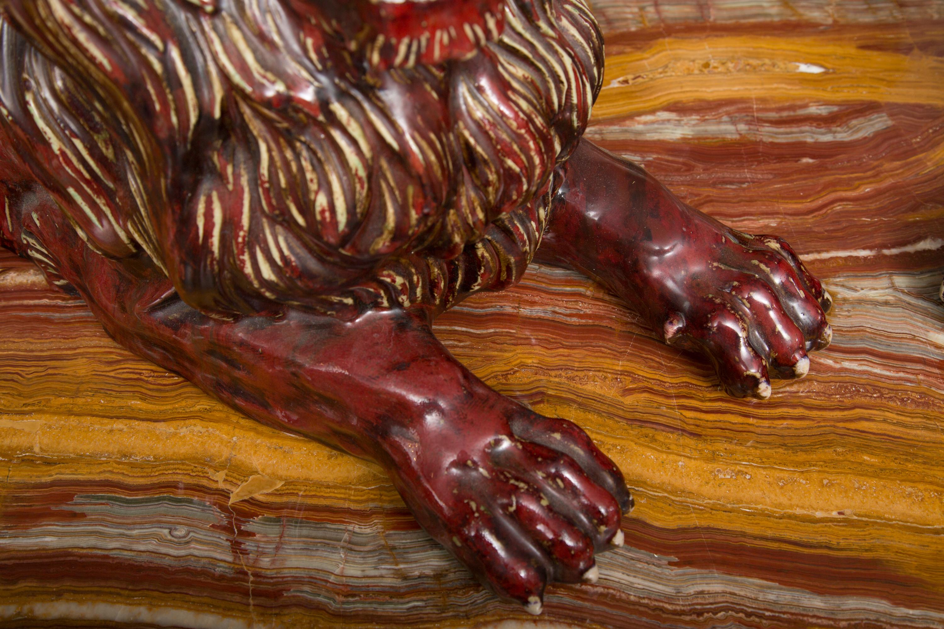 Unknown Pair of Fiance Glazed Recumbent Lions