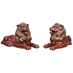 Pair of Fiance Glazed Recumbent Lions