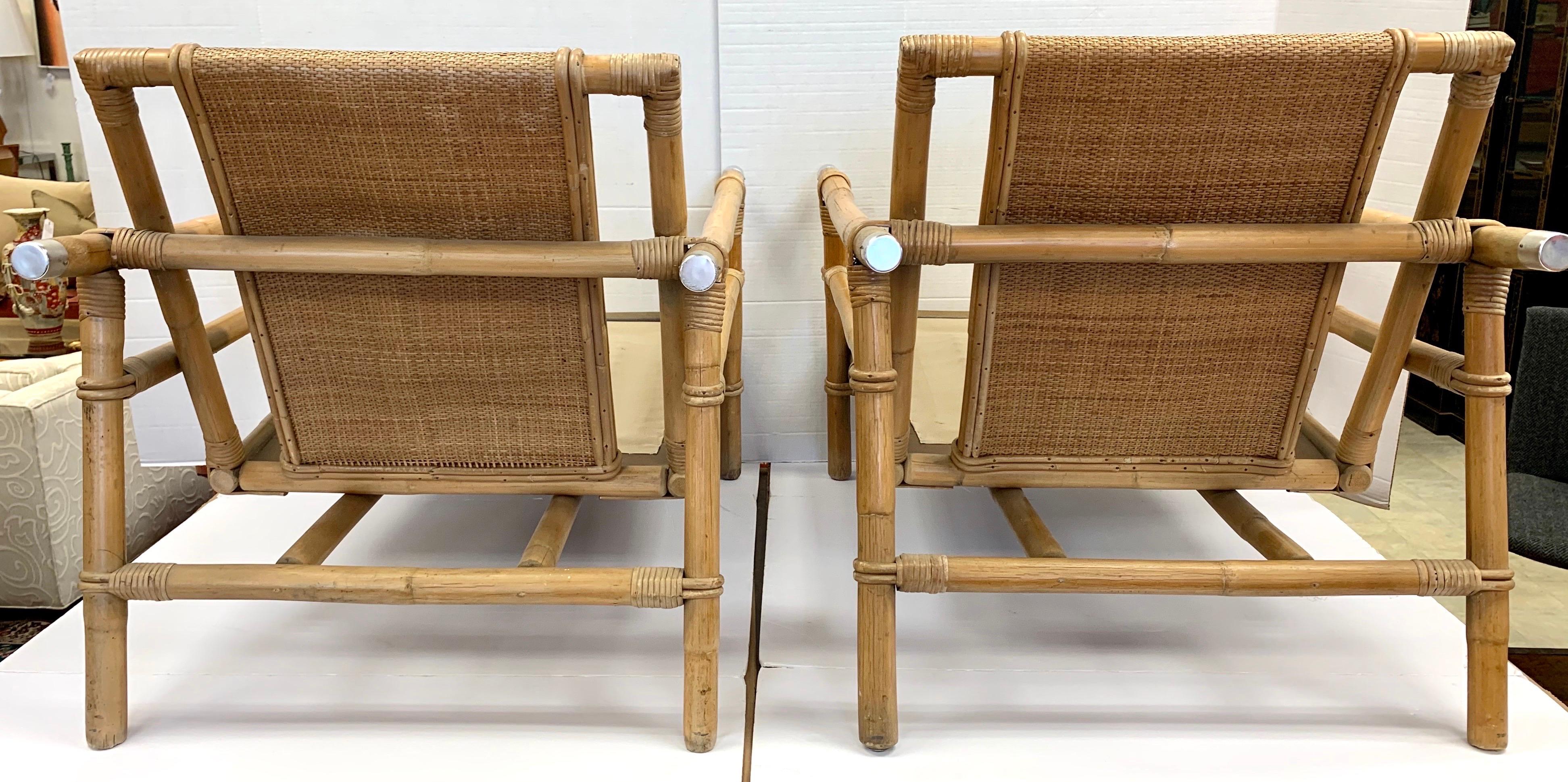 Pair of Rattan Bamboo Ficks Reed John Wisner Campaign Loungers Armchairs, 1954 7