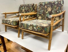Pair of Rattan Bamboo Ficks Reed John Wisner Campaign Loungers Armchairs, 1954