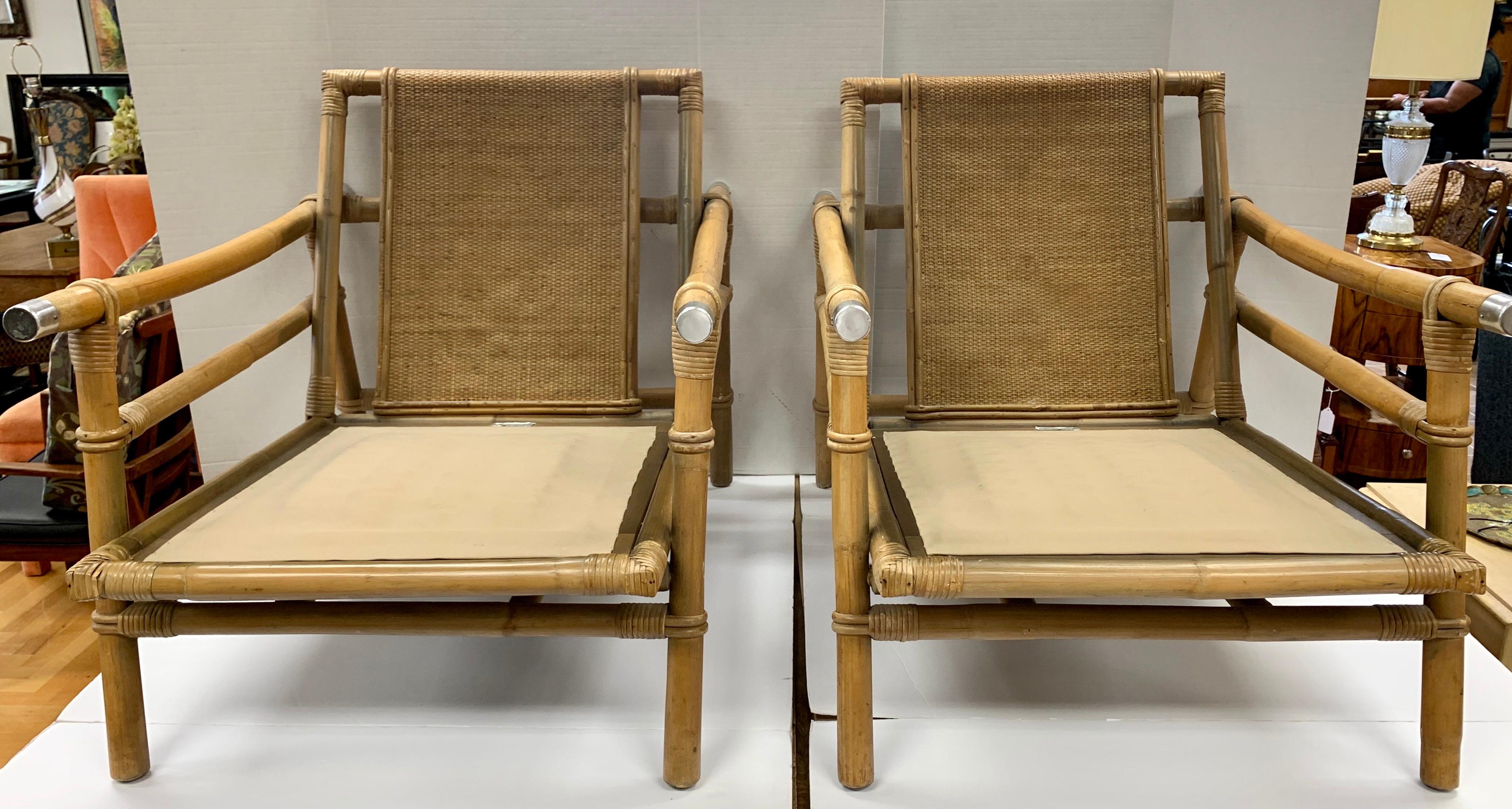 Pair of Rattan Bamboo Ficks Reed John Wisner Campaign Loungers Armchairs, 1954 2