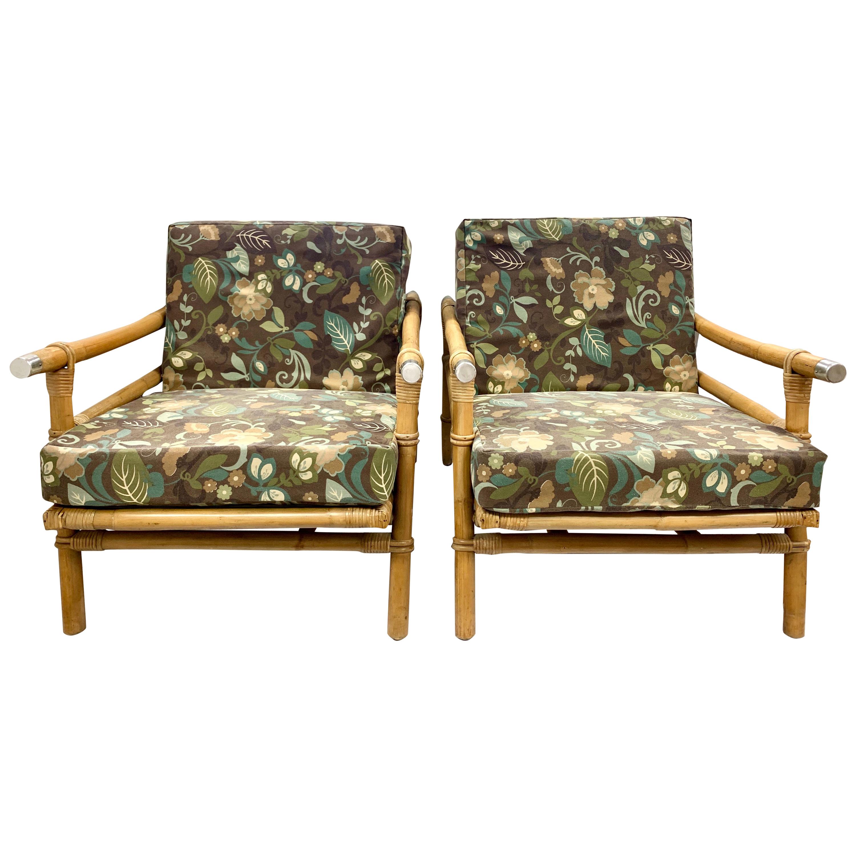 Pair of Rattan Bamboo Ficks Reed John Wisner Campaign Loungers Armchairs, 1954