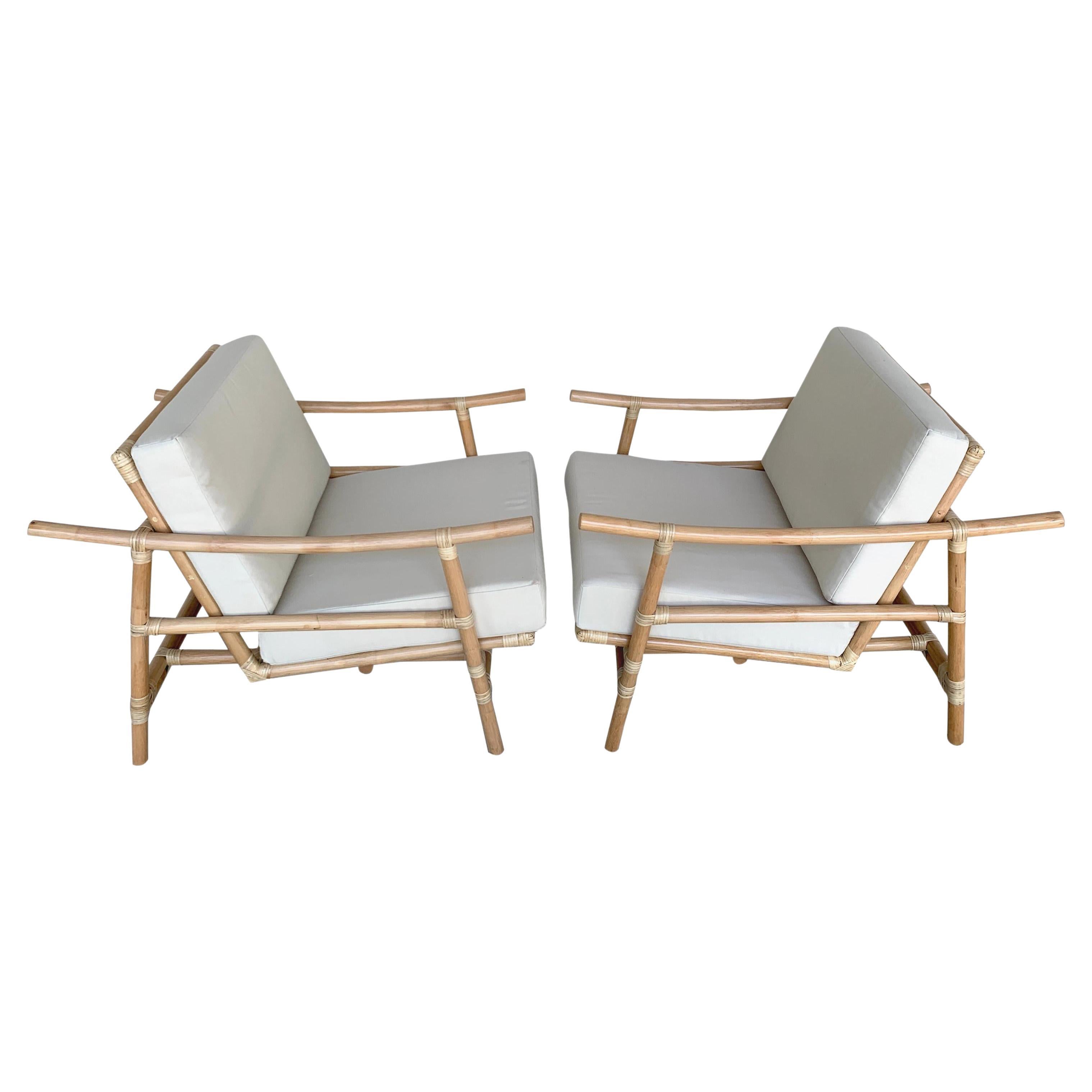 Pair of Ficks Reed Natural Rattan Lounge Club Chairs by John Wisner, Restored