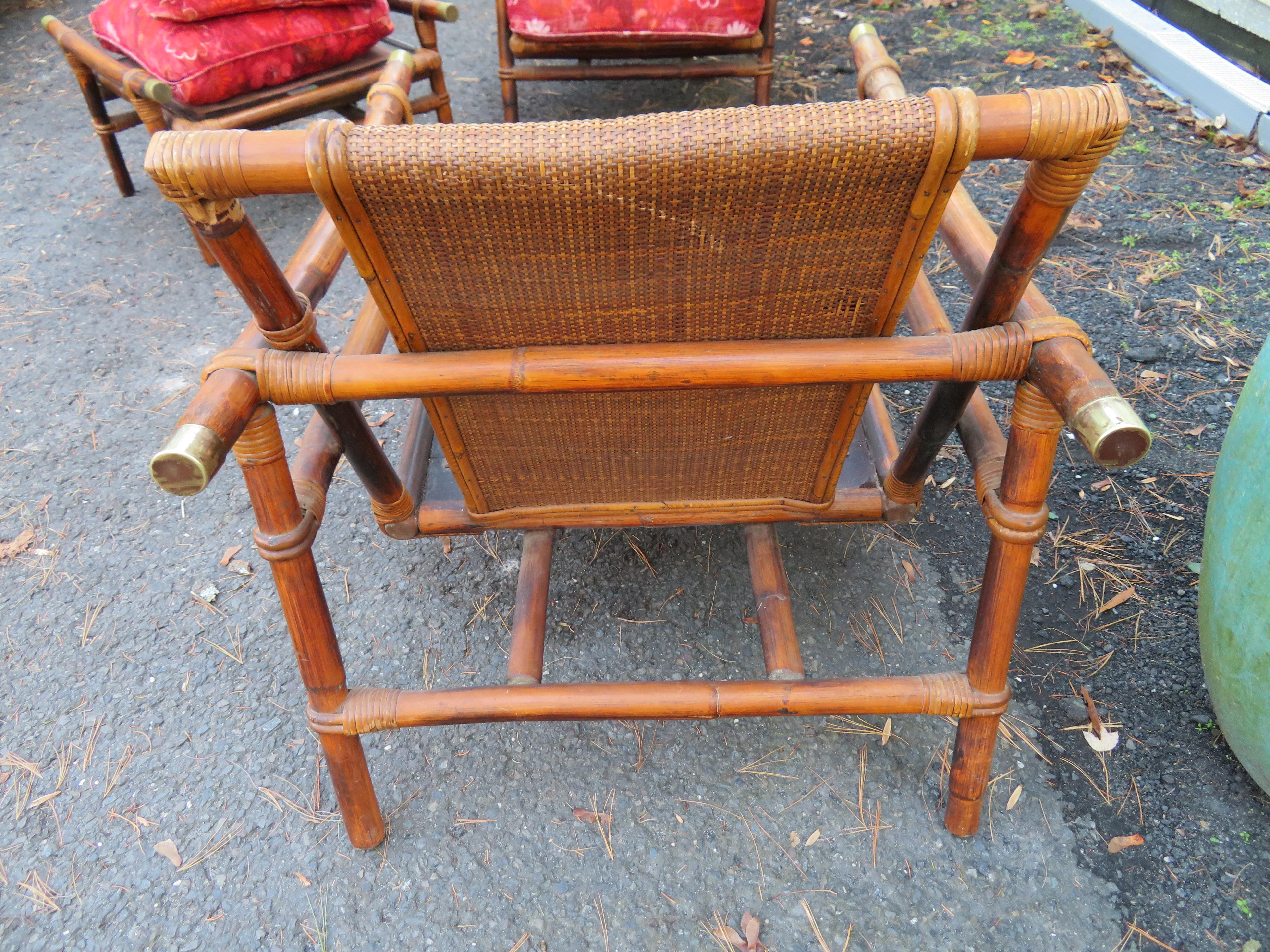 Mid-Century Modern Pair of Ficks Reed Rattan Lounge Club Chair Ottoman, John Wisner Campaign Style For Sale