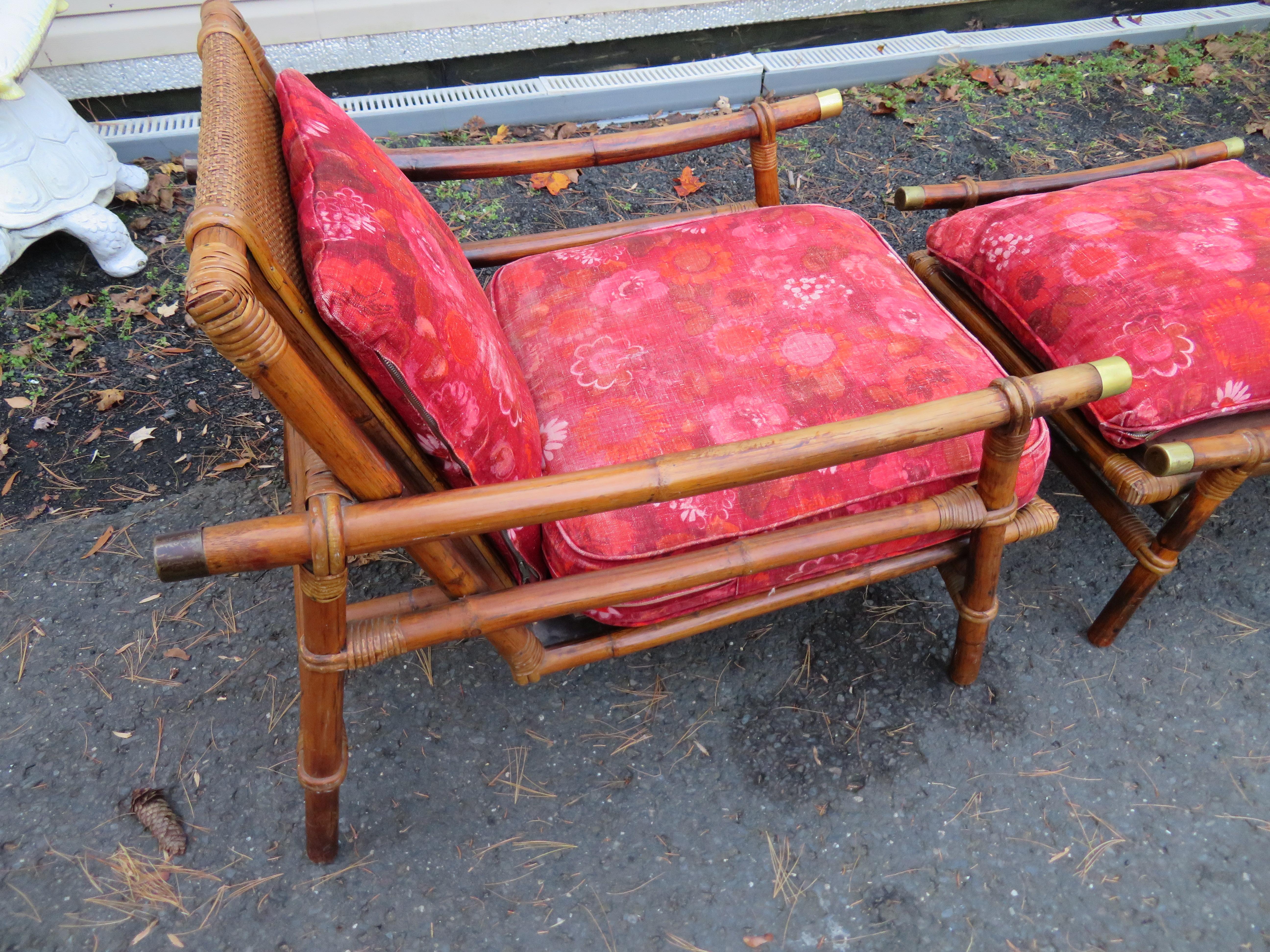 Mid-20th Century Pair of Ficks Reed Rattan Lounge Club Chair Ottoman, John Wisner Campaign Style For Sale