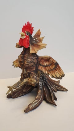 Pair of Fighting Cocks in Original Italian Capodimonte Porcelain Signed Bindi