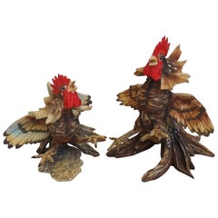 Pair of Fighting Cocks in Original Italian Capodimonte Porcelain Signed Bindi