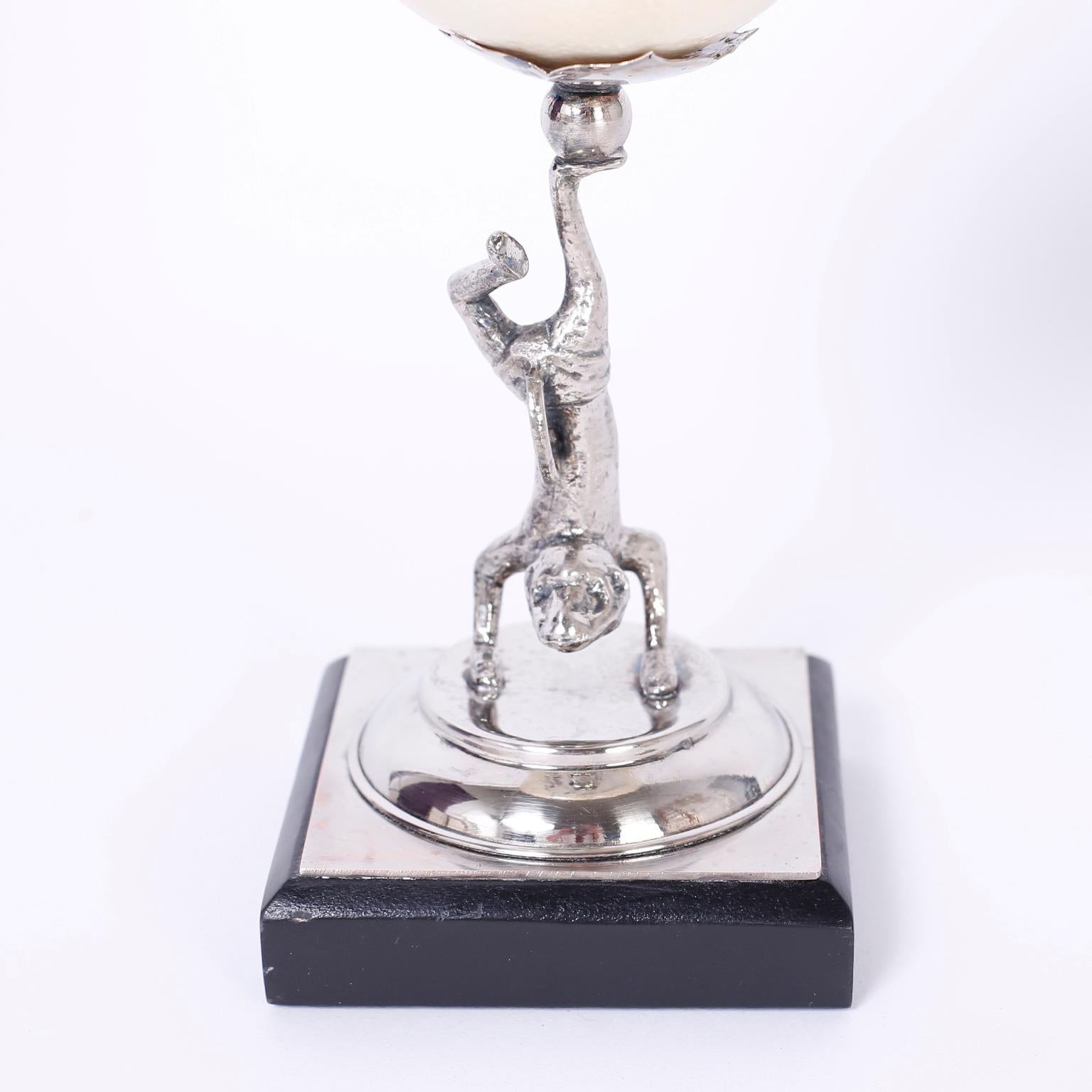 Pair of Figura Lizardl Ostrich Egg Candlesticks by Redmile In Good Condition For Sale In Palm Beach, FL
