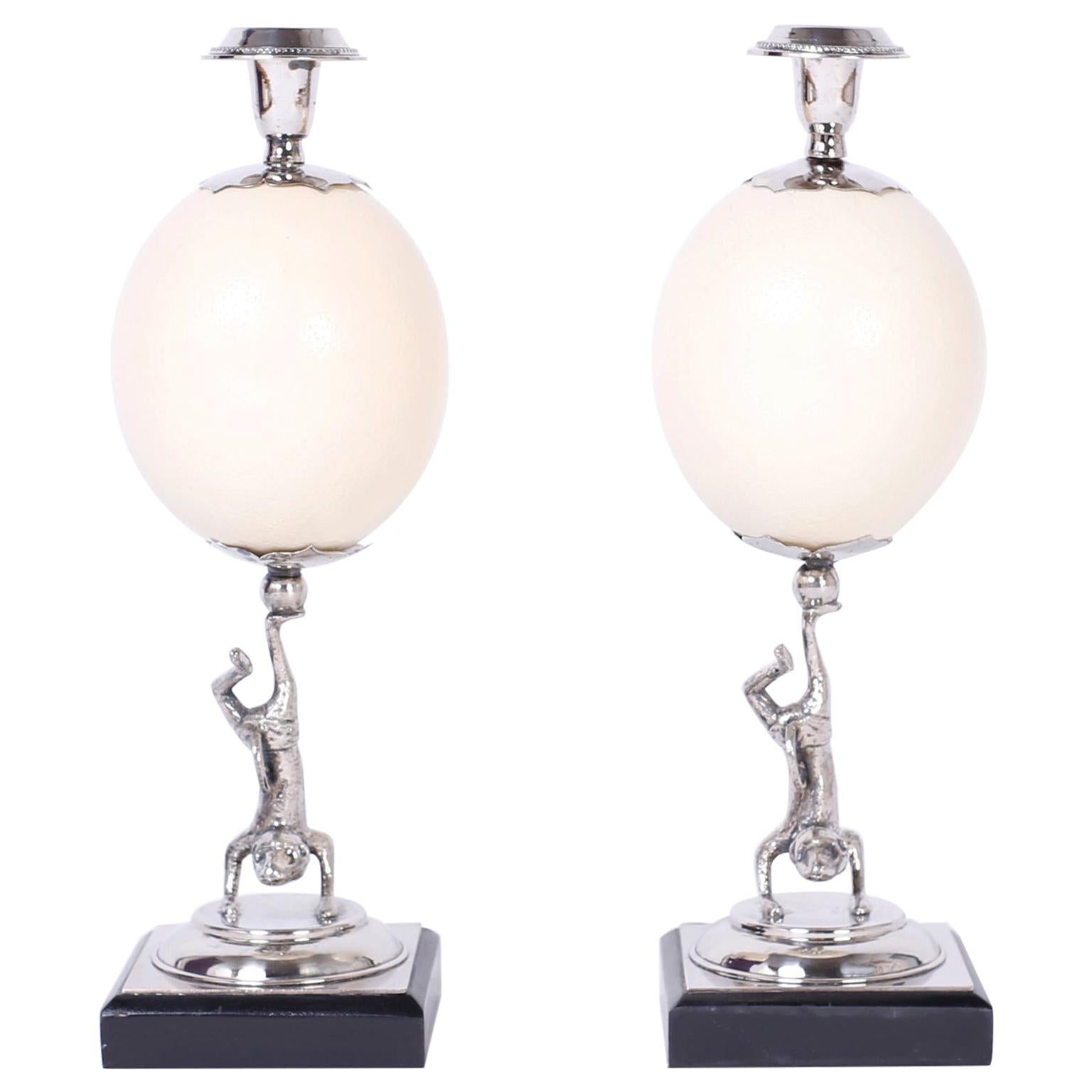 Pair of Figura Lizardl Ostrich Egg Candlesticks by Redmile For Sale