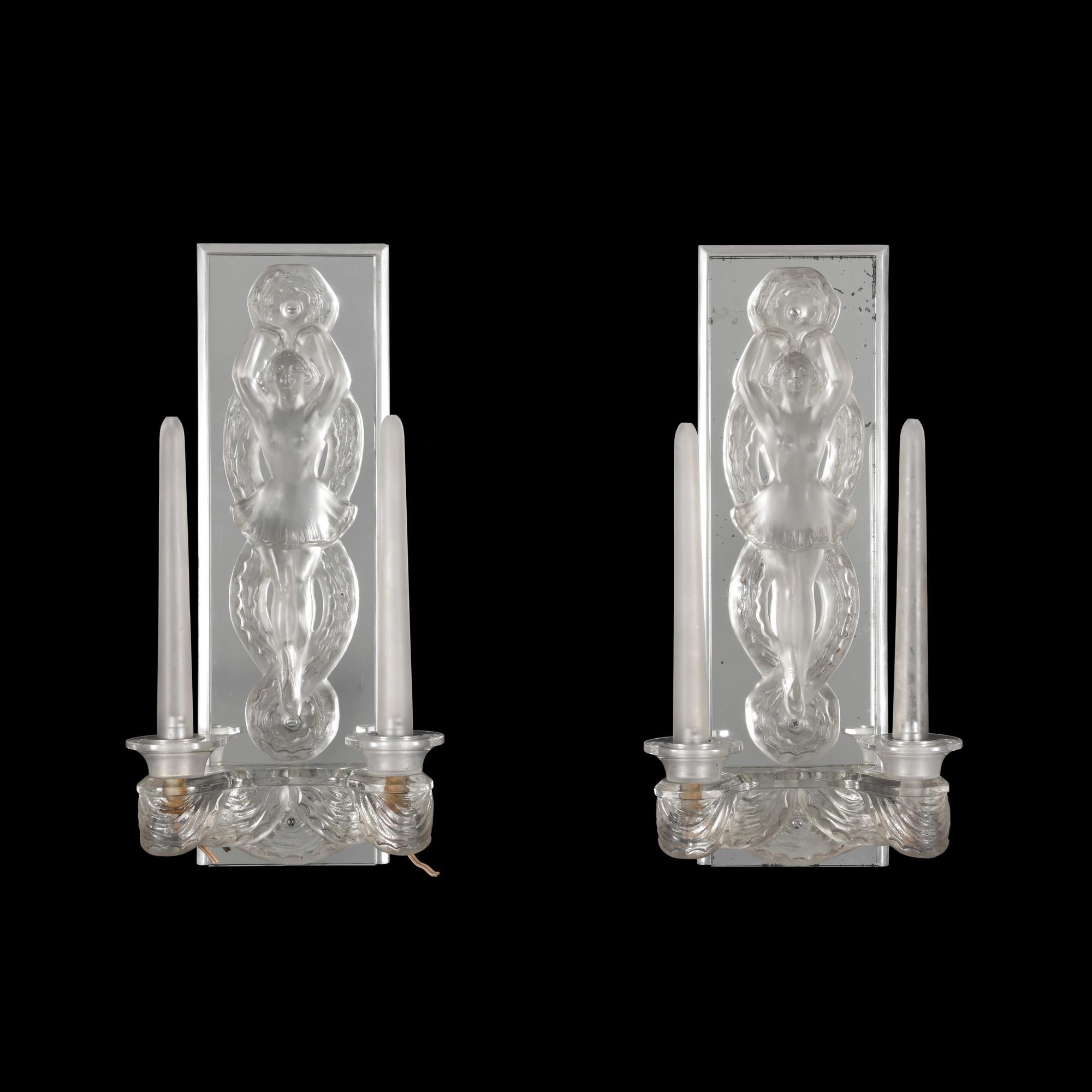 Glass Pair of Figural Art Deco Sconces by Marc Lalique For Sale