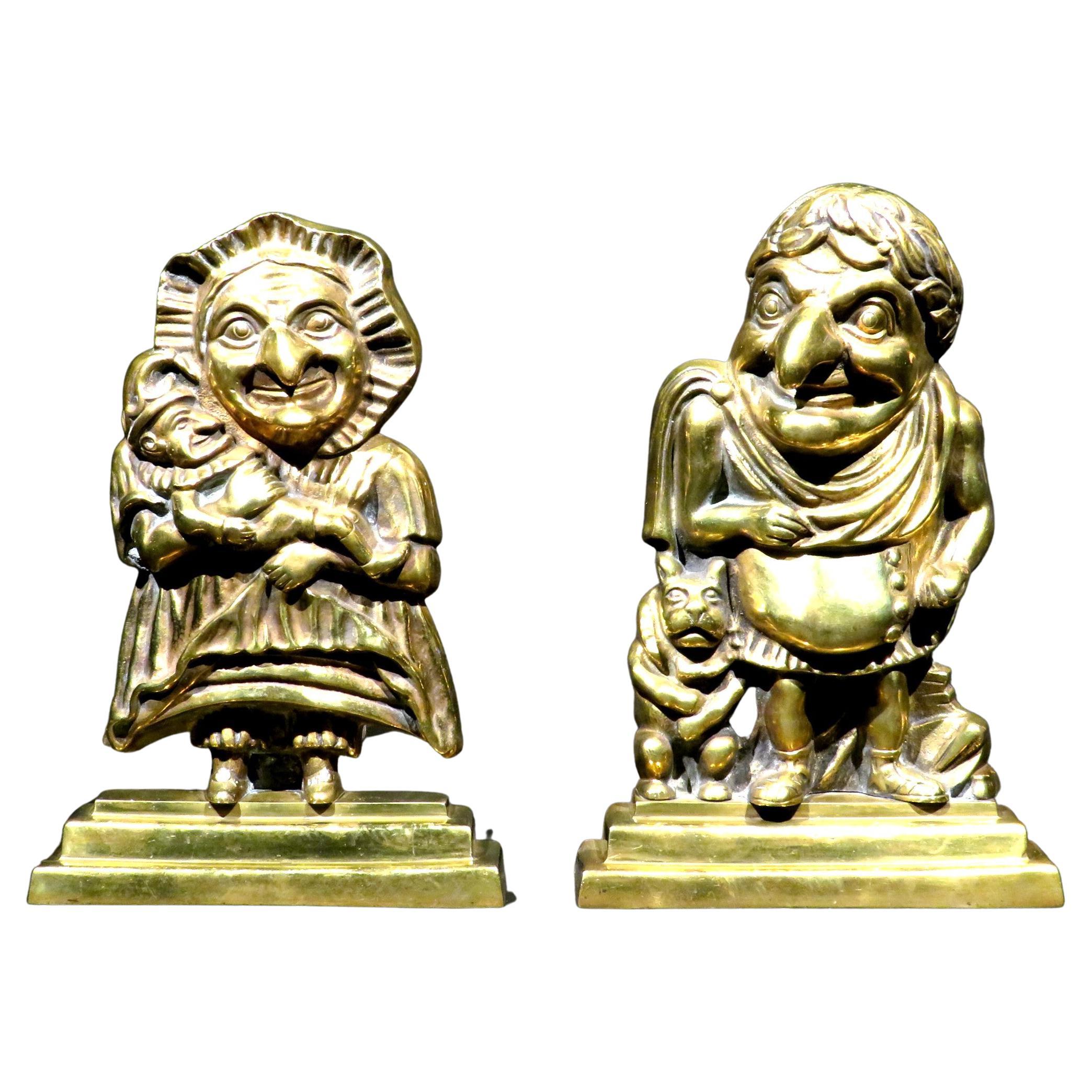 Pair of Figural Brass Andirons in the Form of Punch & Judy, England Circa 1880