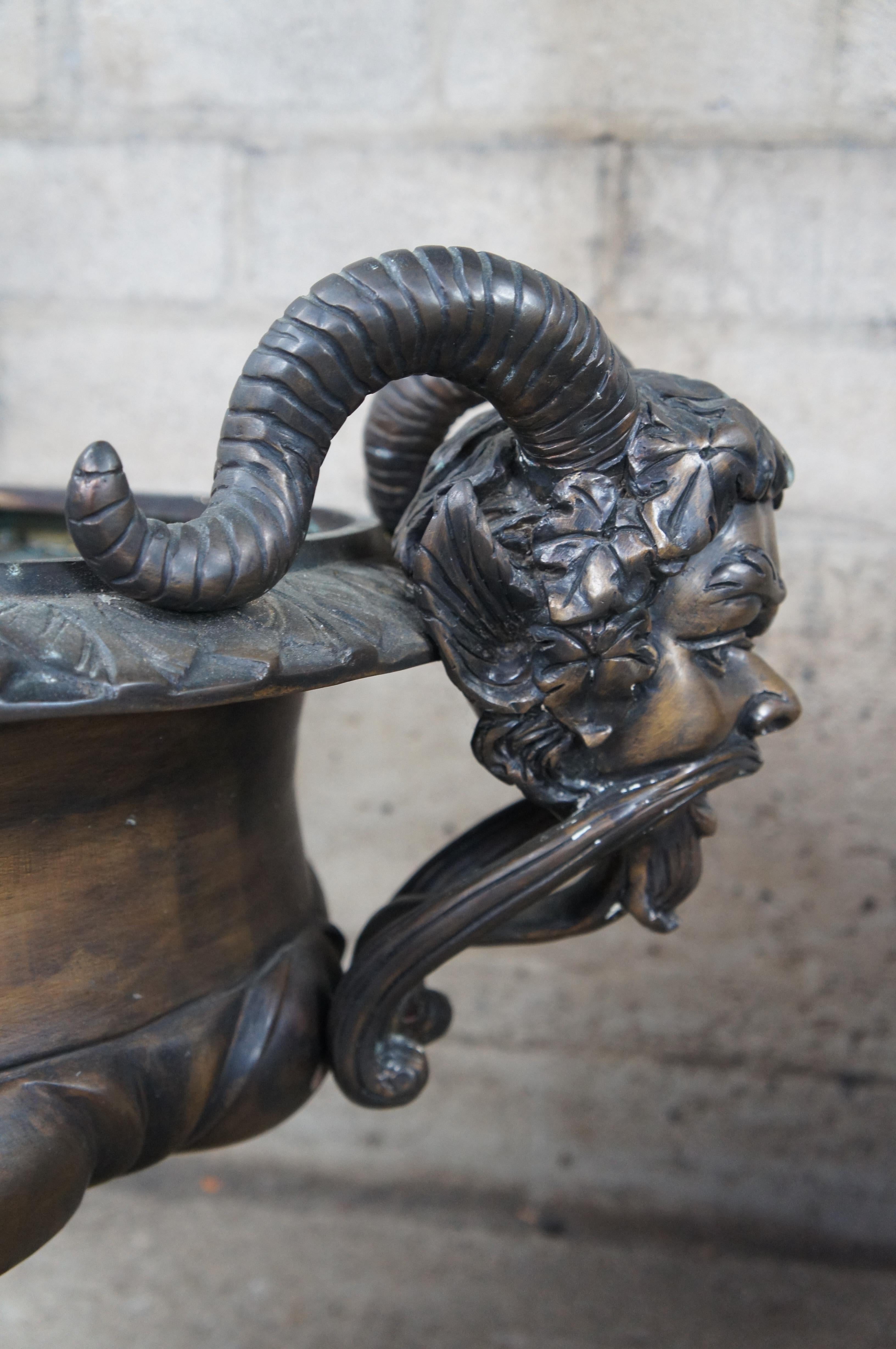 Pair of Figural Bronze Bacchus Tazza Garden Urns Footed Planter Jardinière 27
