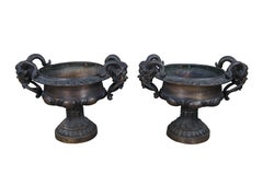 Pair of Figural Bronze Bacchus Tazza Garden Urns Footed Planter Jardinière 27"