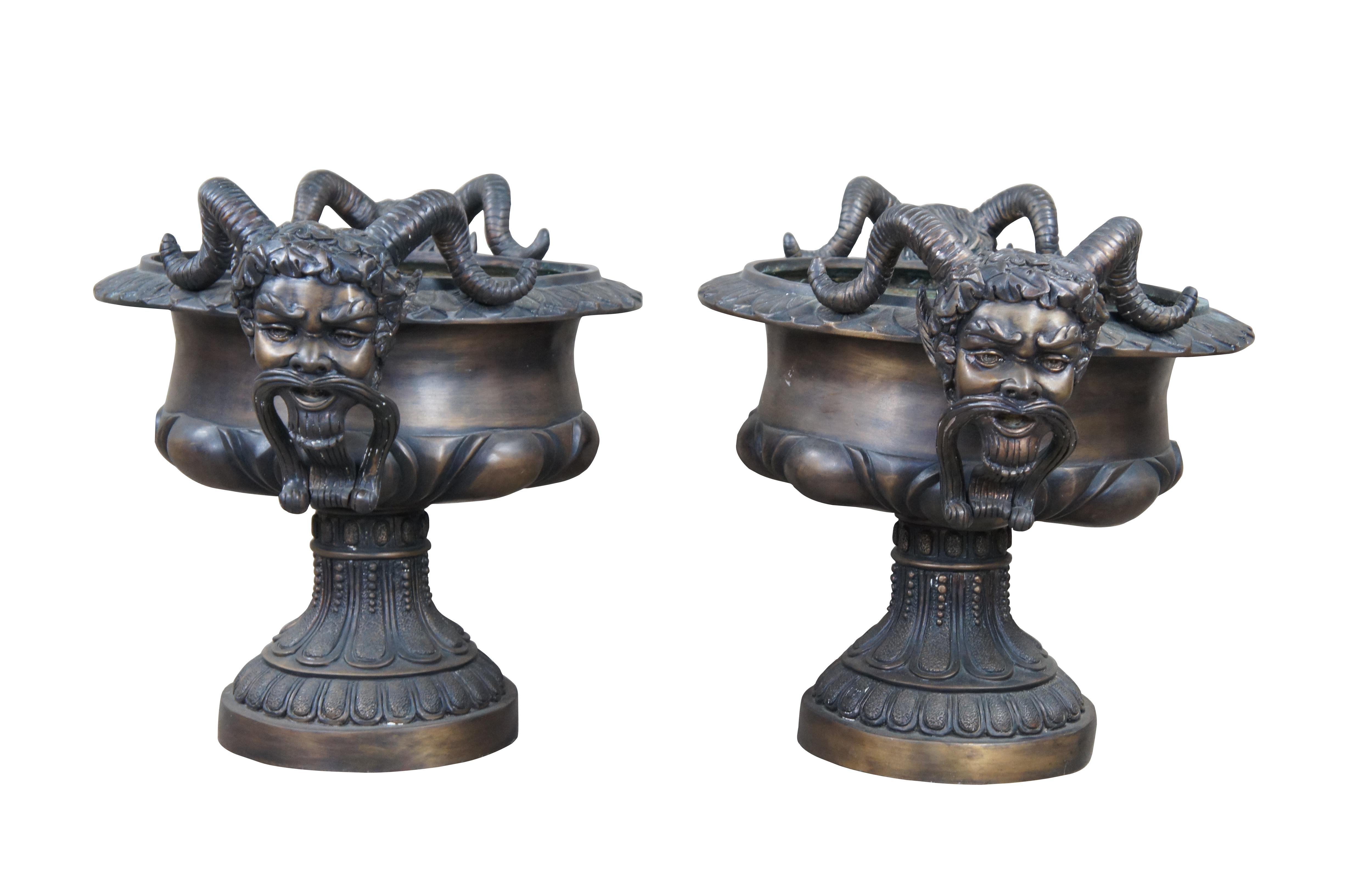 Neoclassico Pair of Figural Bronze Bacchus Tazza Garden Urns Footed Planter Jardinière 27