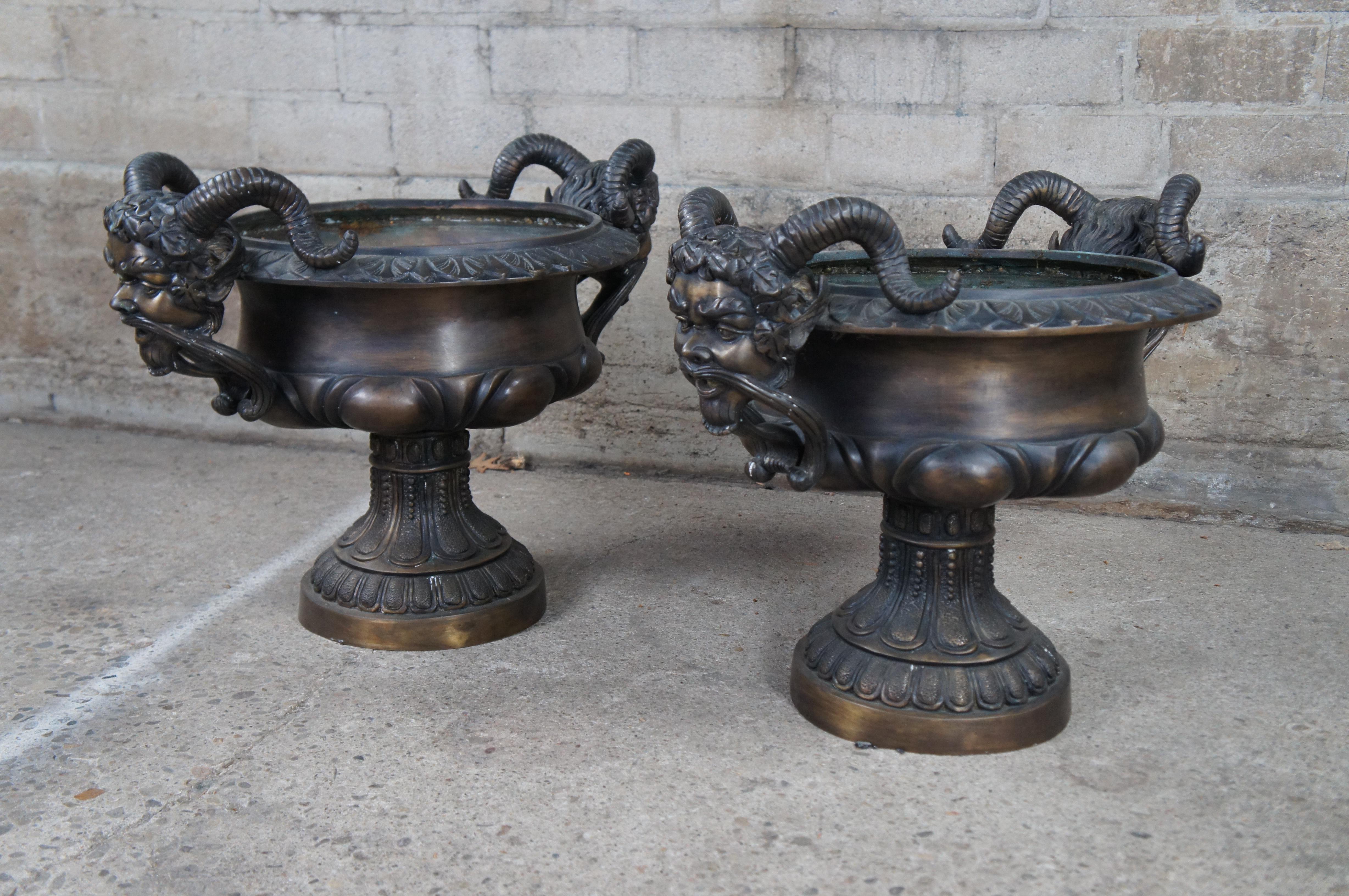 Bronzo Pair of Figural Bronze Bacchus Tazza Garden Urns Footed Planter Jardinière 27