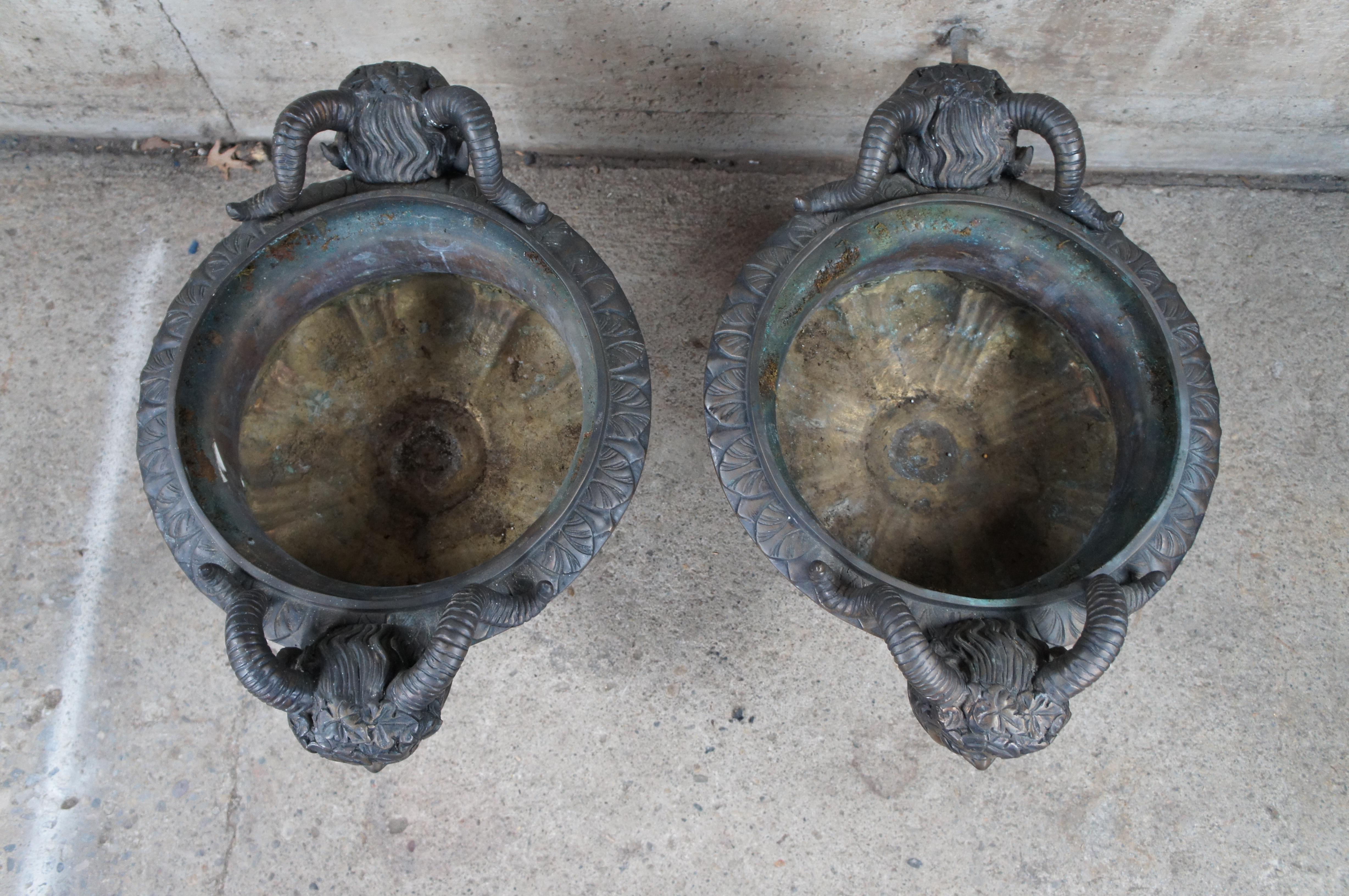 Pair of Figural Bronze Bacchus Tazza Garden Urns Footed Planter Jardinière 27