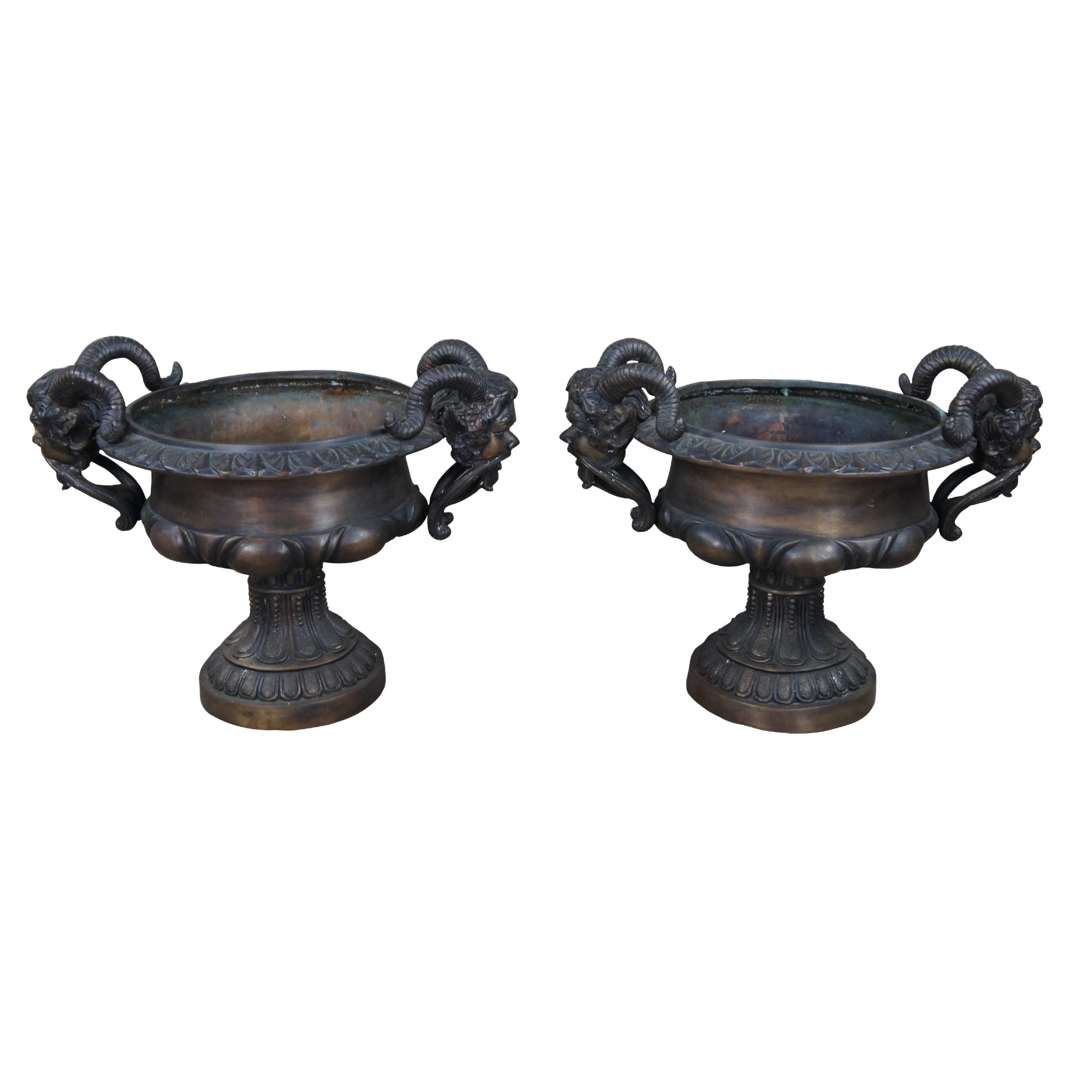 Pair of Figural Bronze Bacchus Tazza Garden Urns Footed Planter Jardinière 27"