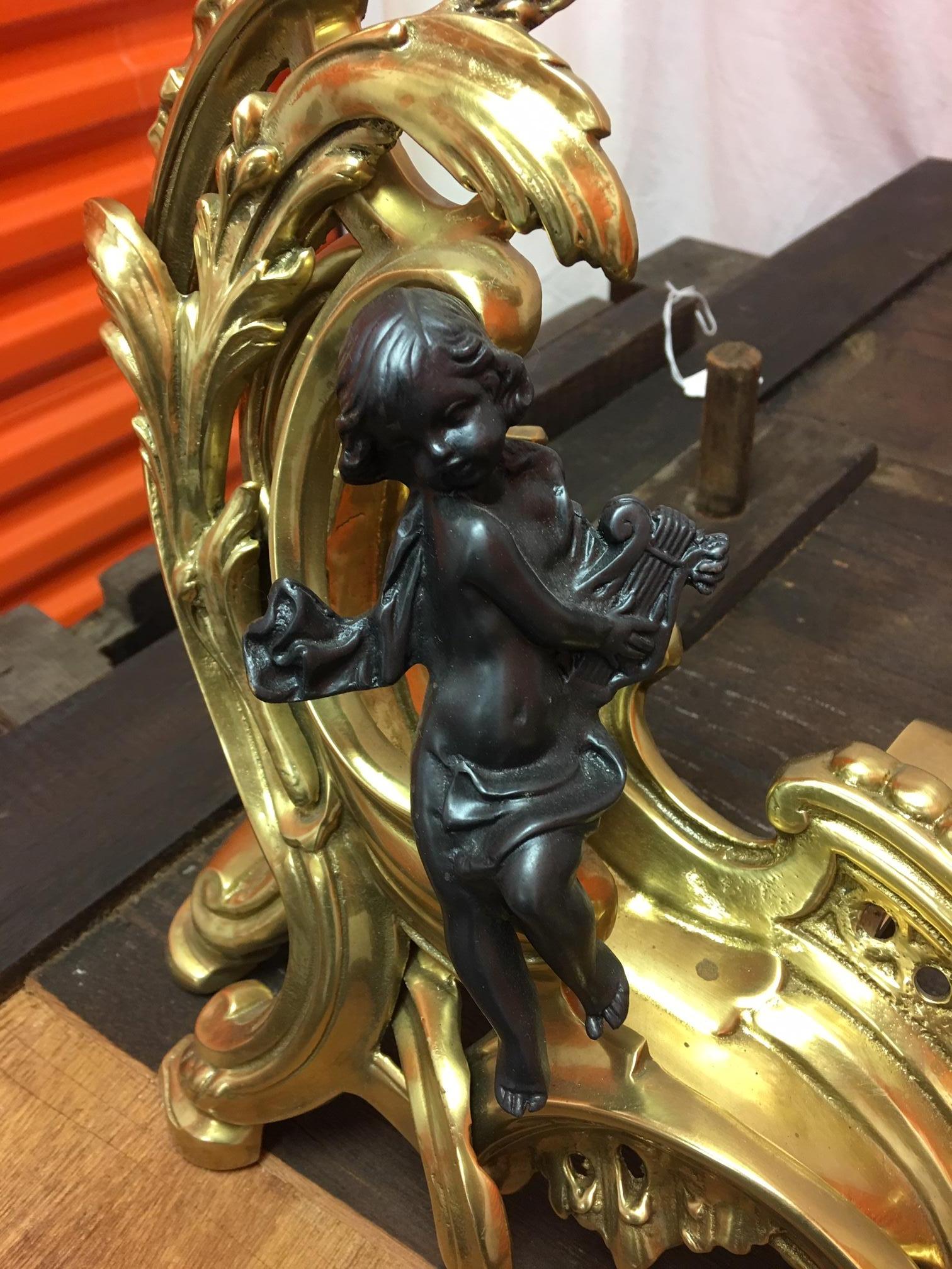 Pair of Figural Bronze Chenets with a Fender, Early 20th Century In Good Condition In Savannah, GA