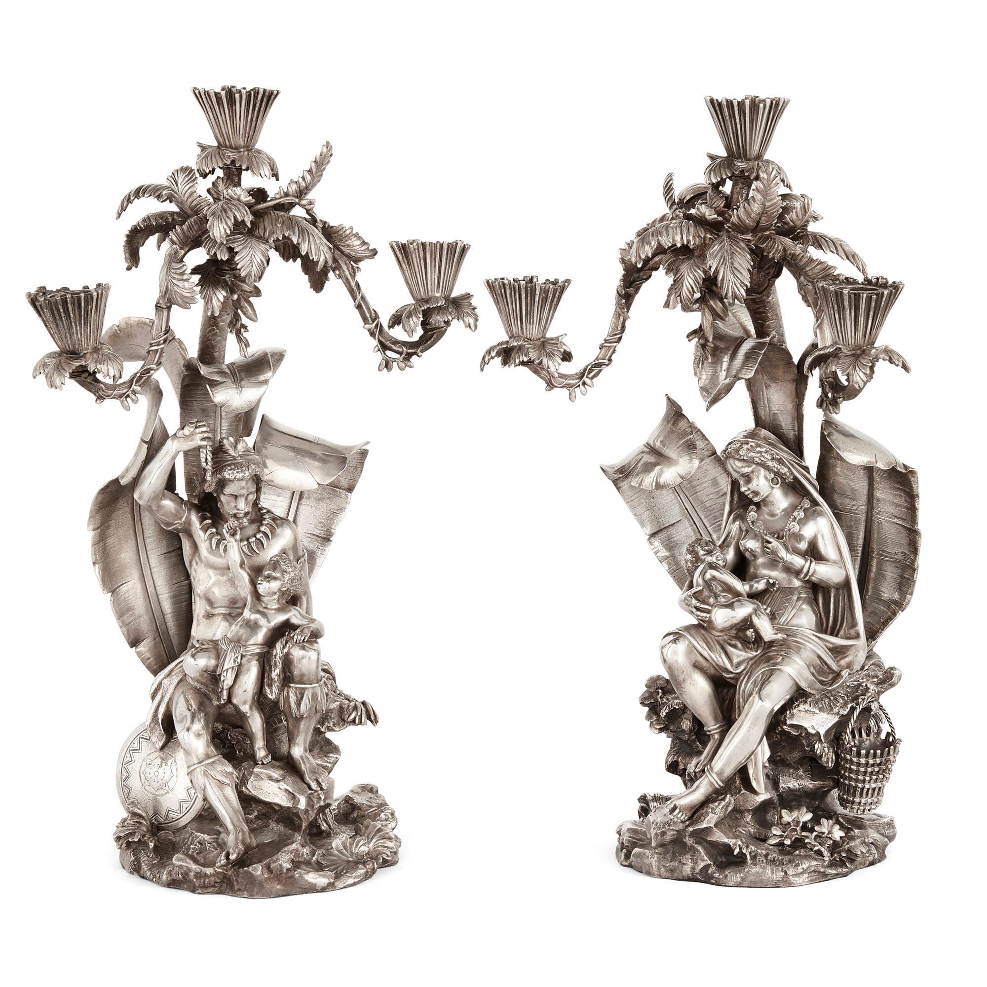 Pair of figural candelabra by Elkington, Mason & Co
English, circa 1860
Height 44cm, width 26cm, depth 20cm 

This pair of three light figural candelabra is made of silvered-bronze. The candelabra take the form of a male and female figure in