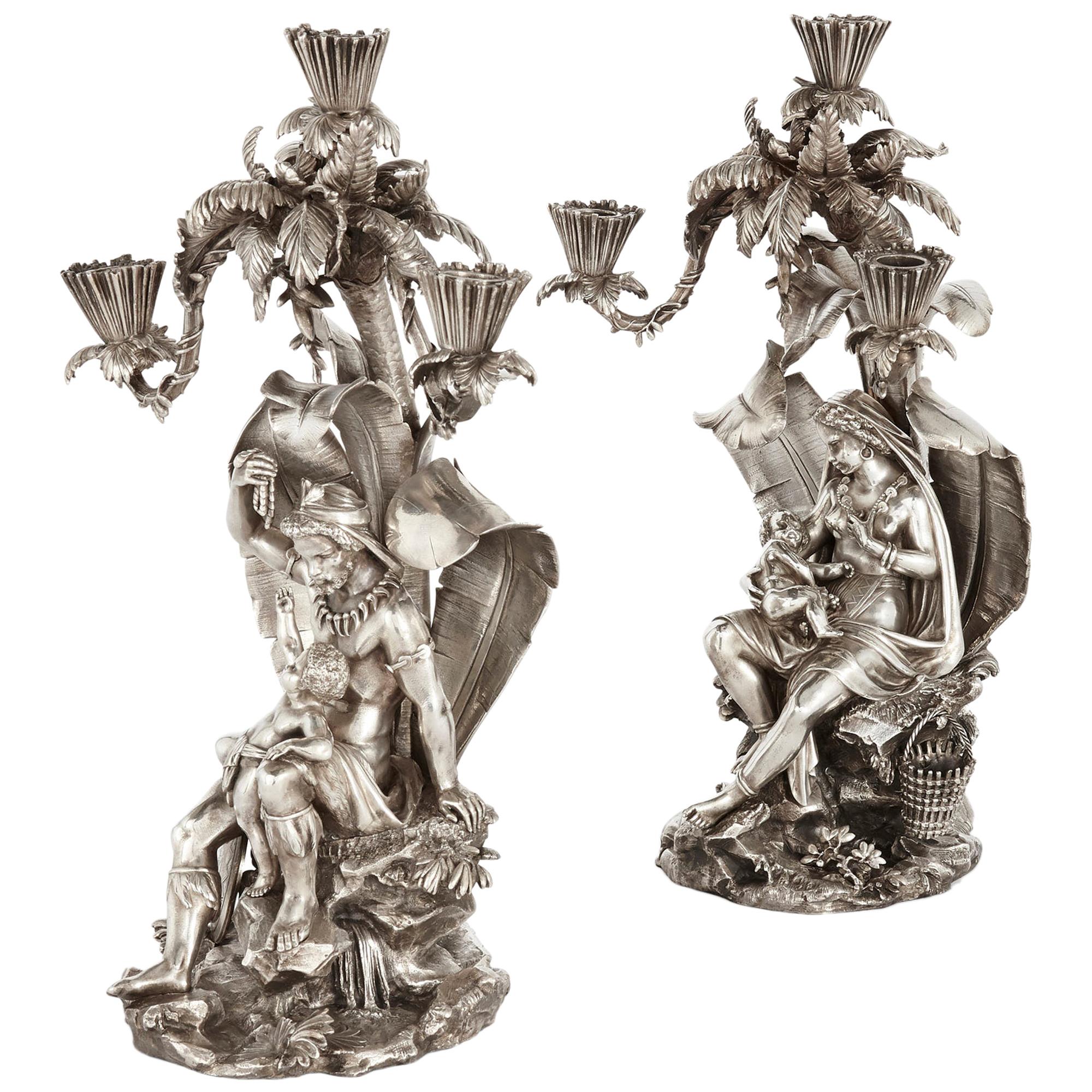 Pair of Figural Candelabra by Elkington, Mason & Co For Sale