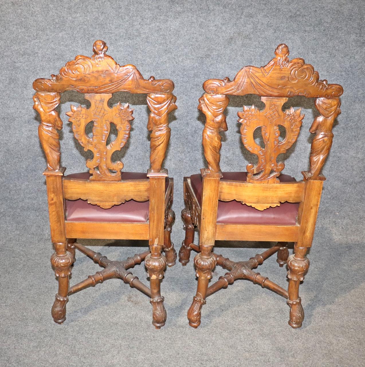 Late 19th Century Pair of Figural Carved Walnut R.J. Horner Style Renaissance Chairs, circa 1880 For Sale