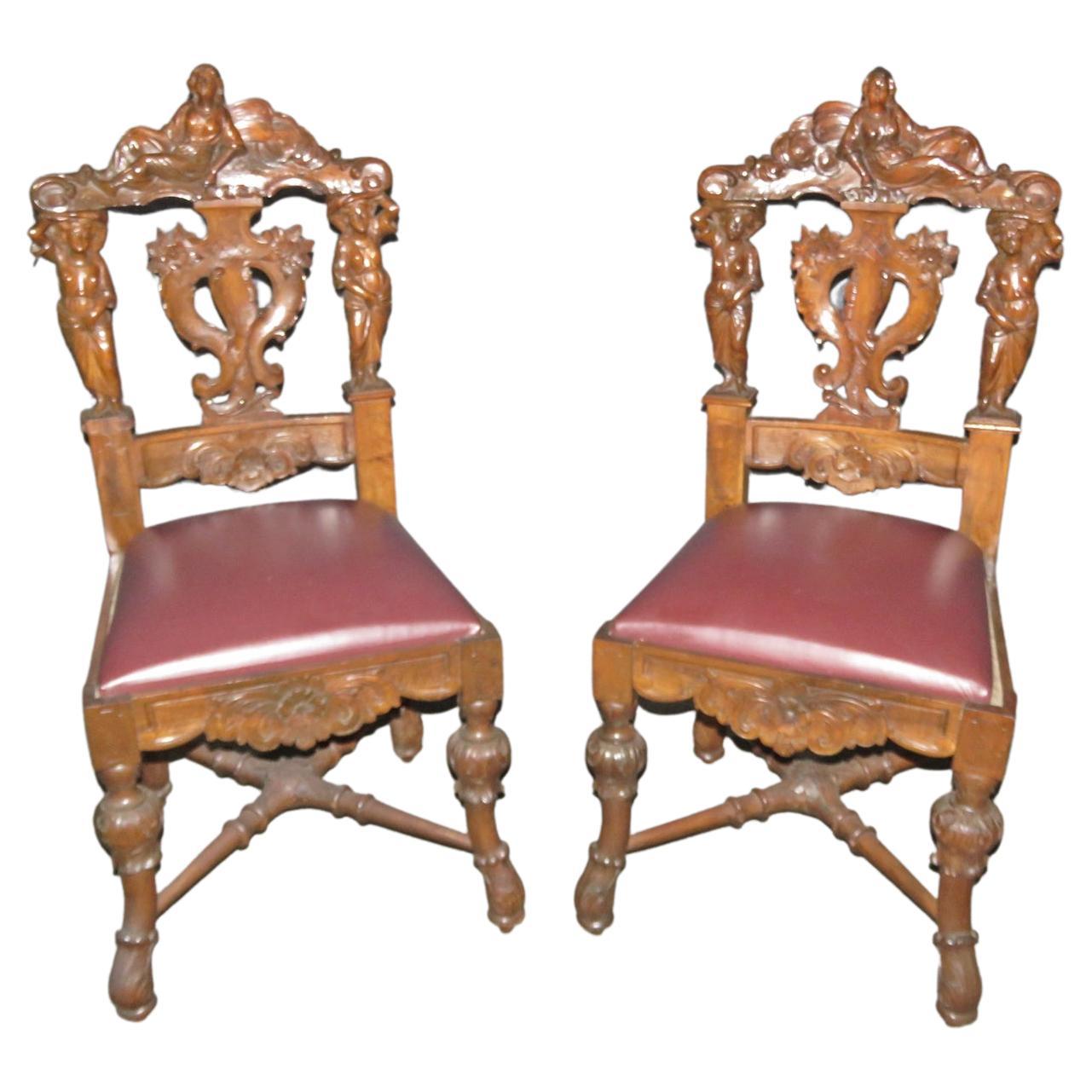 Pair of Figural Carved Walnut R.J. Horner Style Renaissance Chairs, circa 1880 For Sale