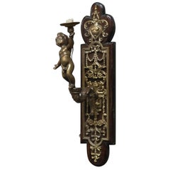 Vintage Pair of Figural Cherub Gilt Metal & Mahogany Wall Sconces Electrified circa 1900