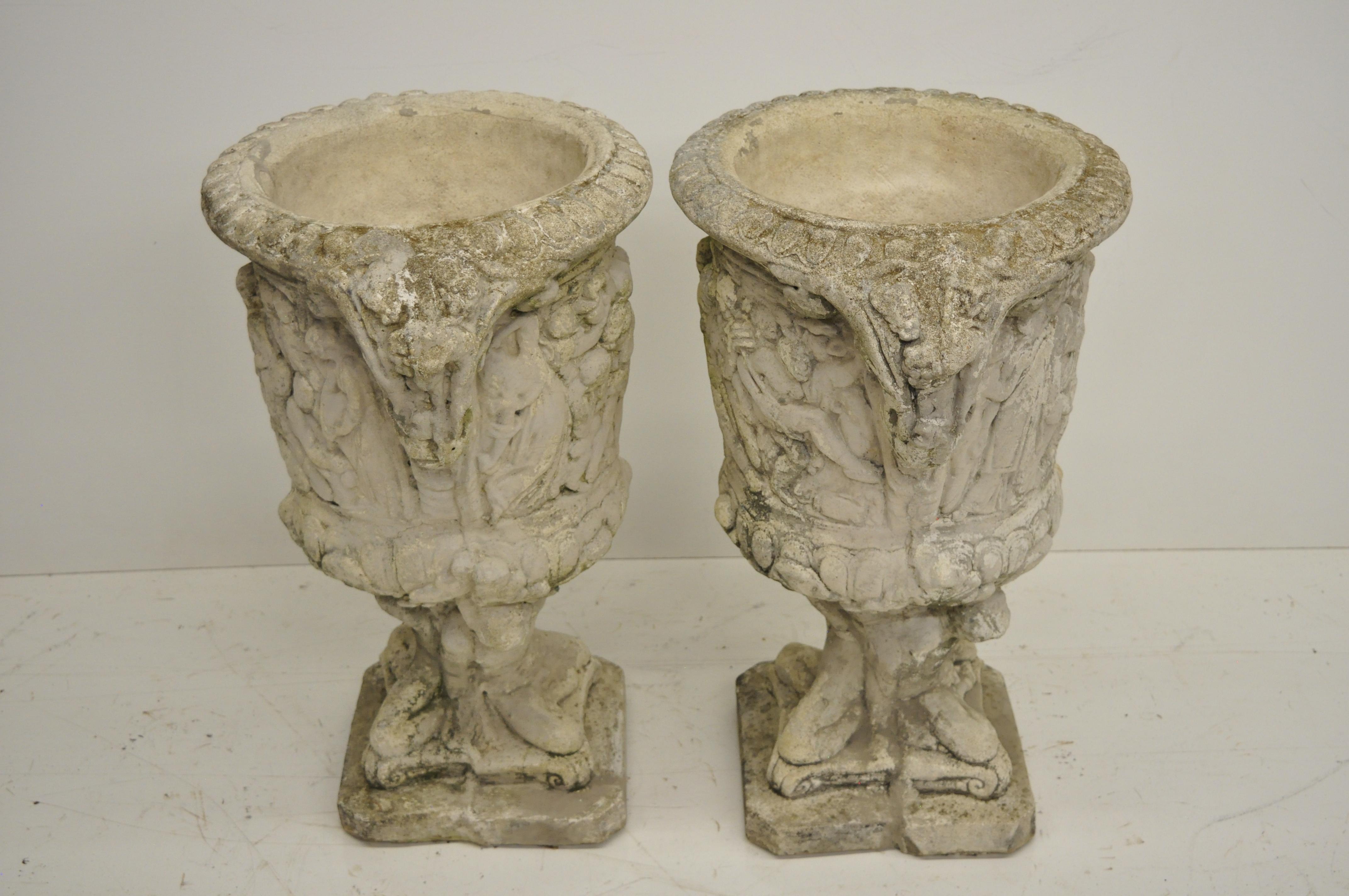 Pair of Figural Concrete Urn Garden Planters Cement Relief Greek Classical Scene 1