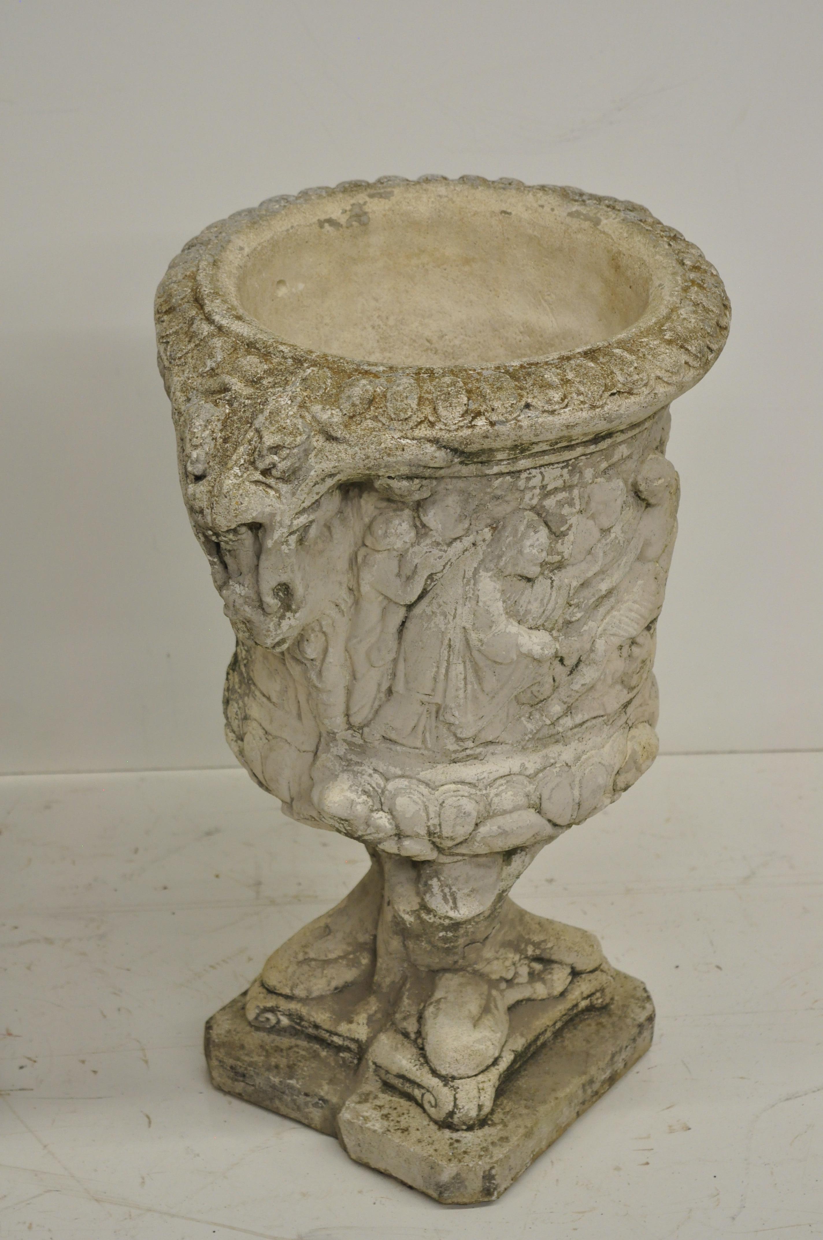 Pair of Figural Concrete Urn Garden Planters Cement Relief Greek Classical Scene 2