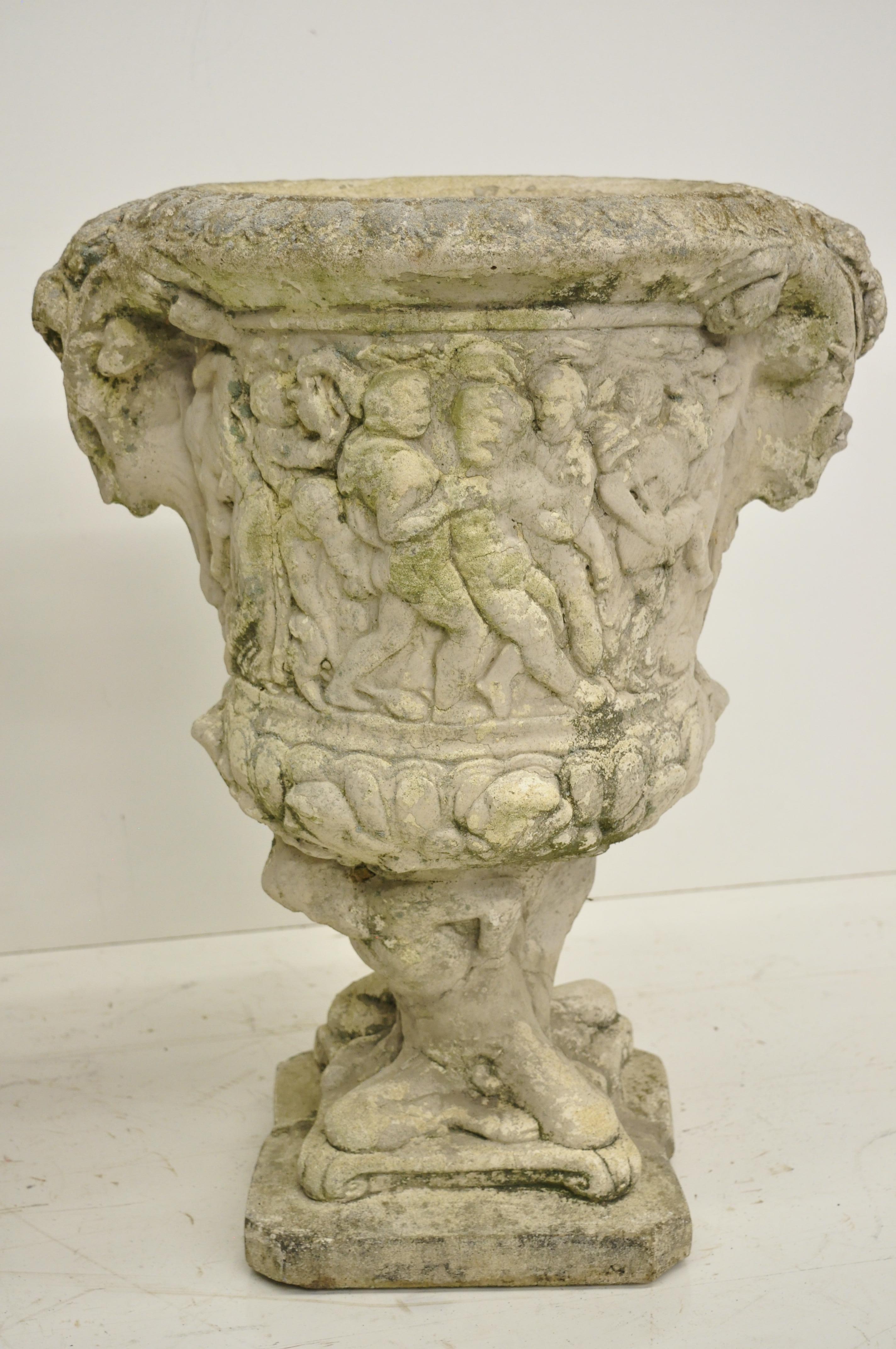 Pair of Figural Concrete Urn Garden Planters Cement Relief Greek Classical Scene 3
