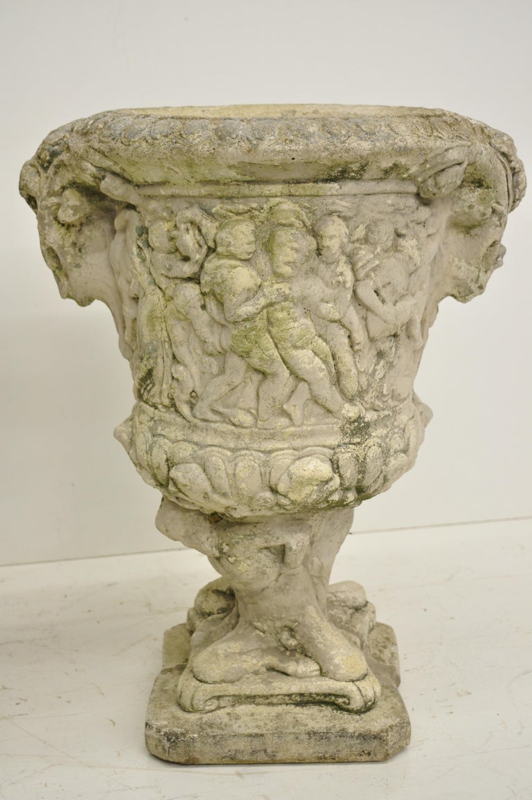 Pair of Figural Concrete Urn Garden Planters Cement Relief Greek Classical Scene at 1stDibs
